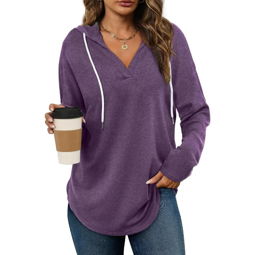 Women's Plaid V-Neck Long Sleeve Oversized Tunic Hoodie Sweatshirt