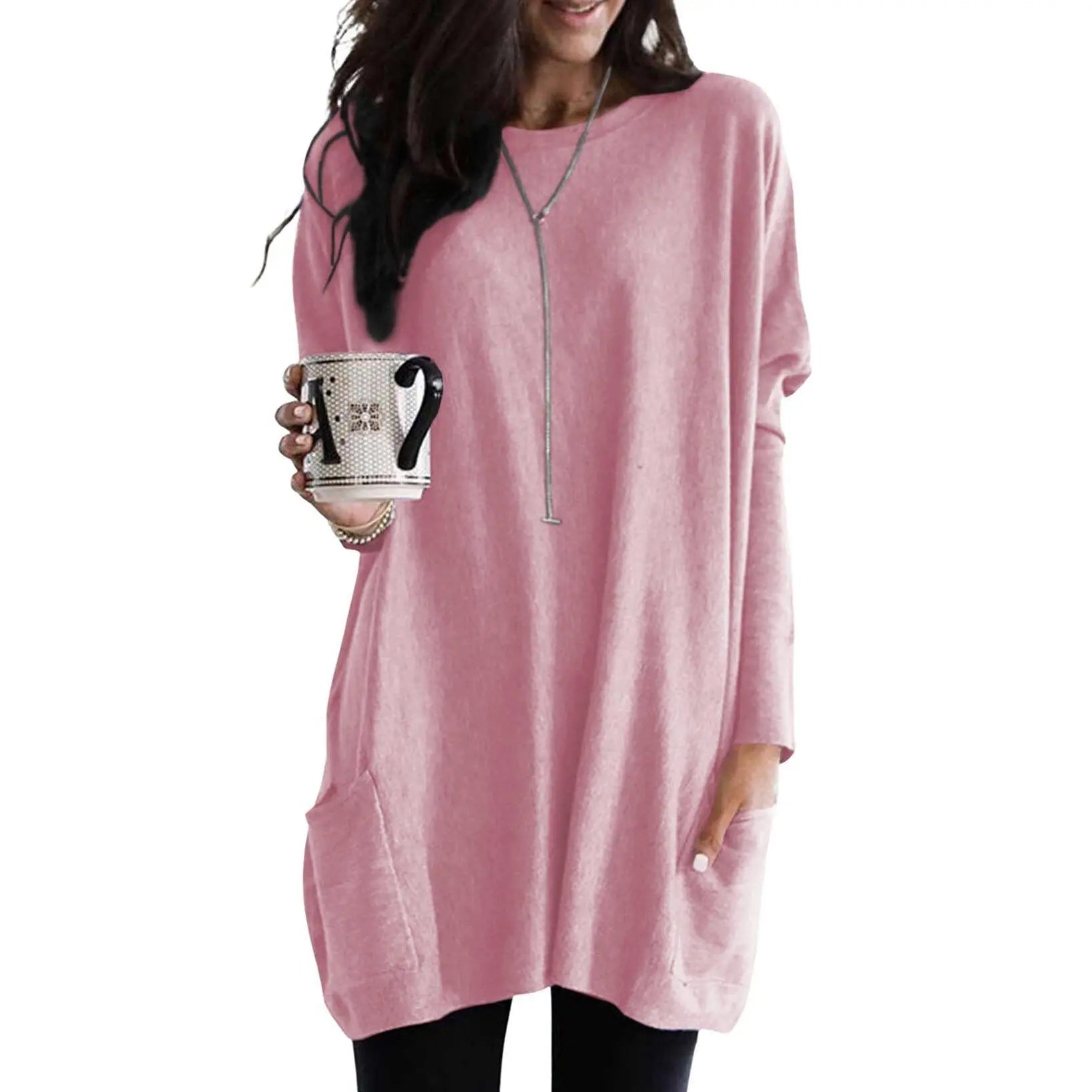 Women's Long Sleeve Scoop Neck Lightweight Tunic Top with Pockets