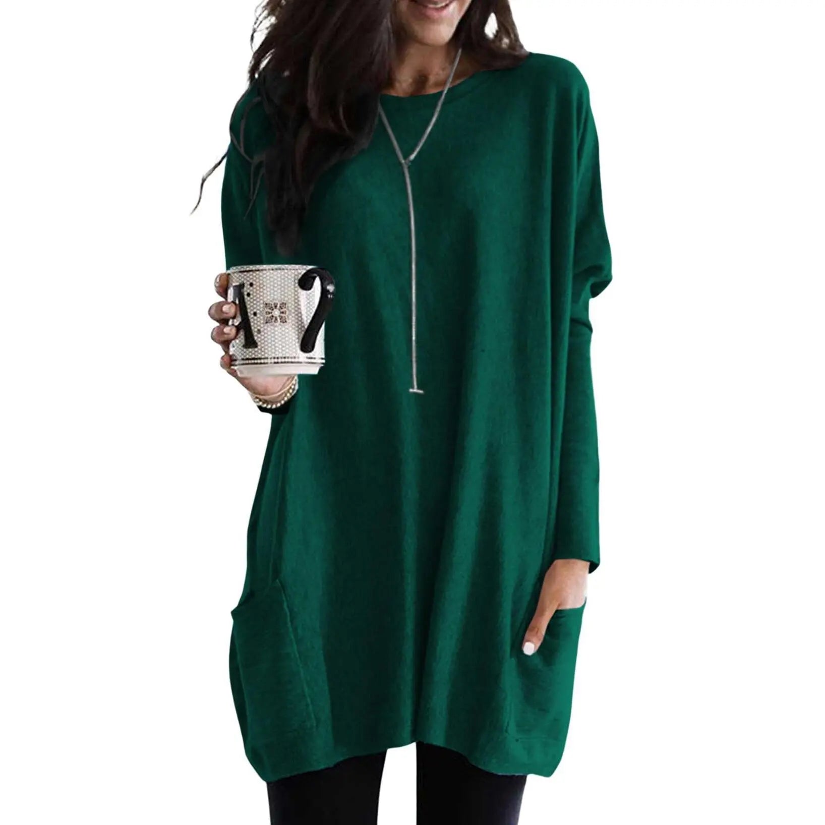 Women's Long Sleeve Scoop Neck Lightweight Tunic Top with Pockets