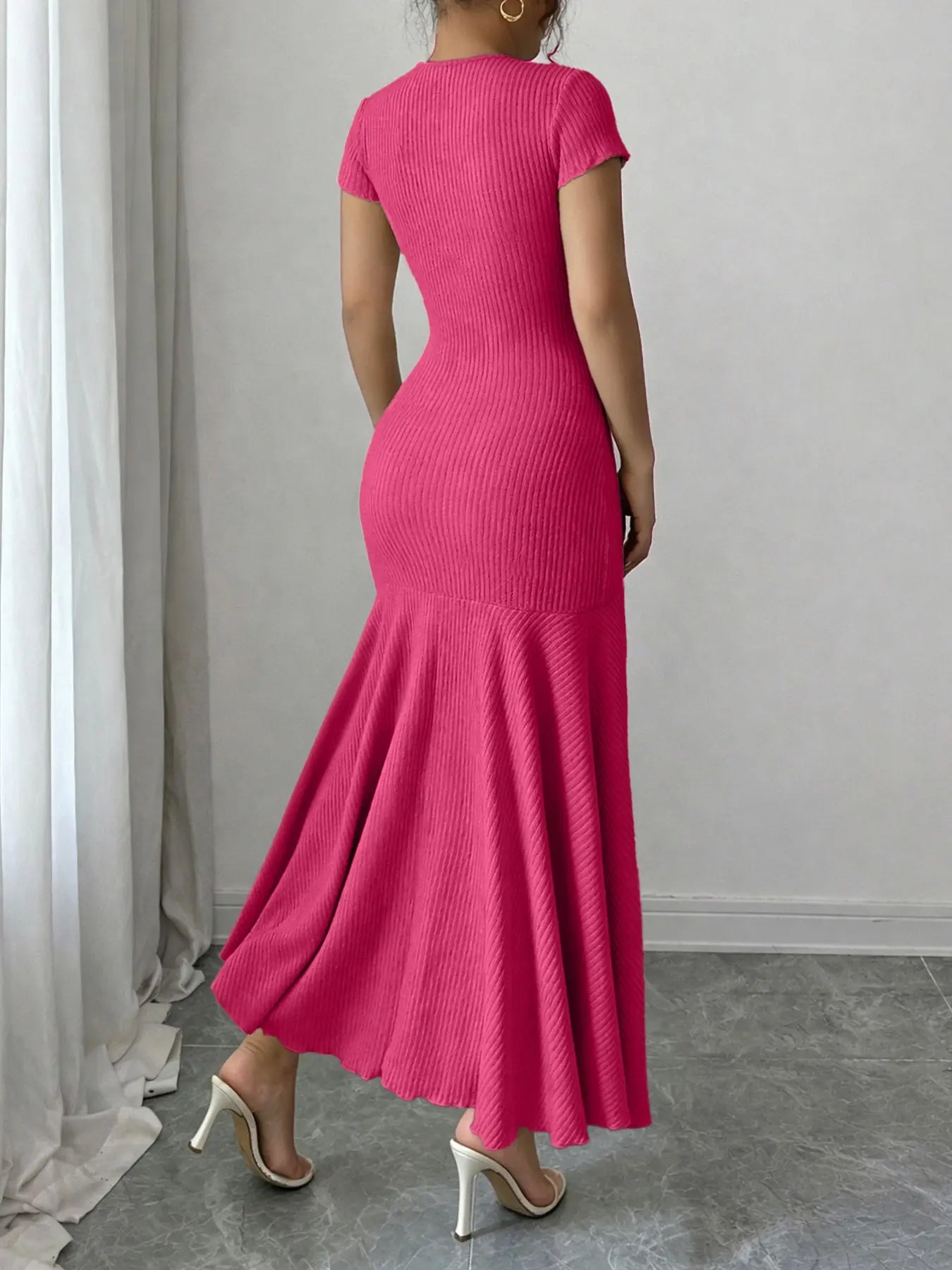 Women's Short-Sleeve Crew-Neck Bodycon Mermaid Maxi Dress