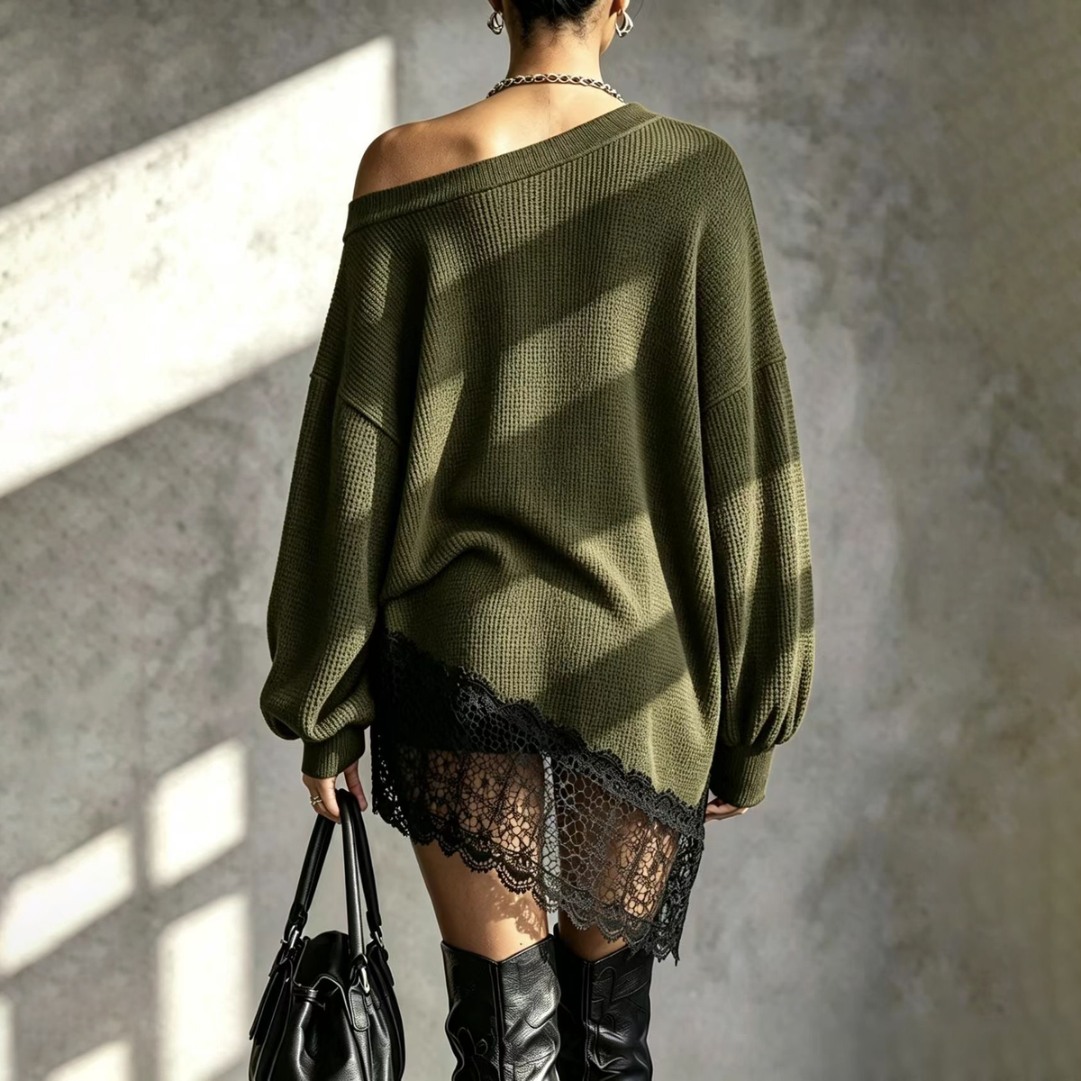 Cozy Off-Shoulder Lace Hem Sweater