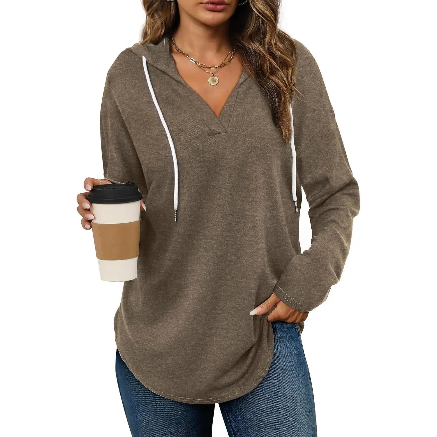 Women's Plaid V-Neck Long Sleeve Oversized Tunic Hoodie Sweatshirt
