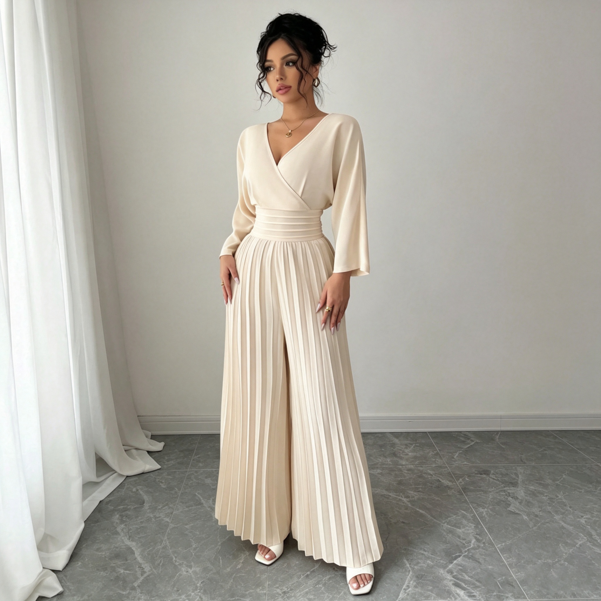 Elegant V-Neck Pleated Maxi Dress
