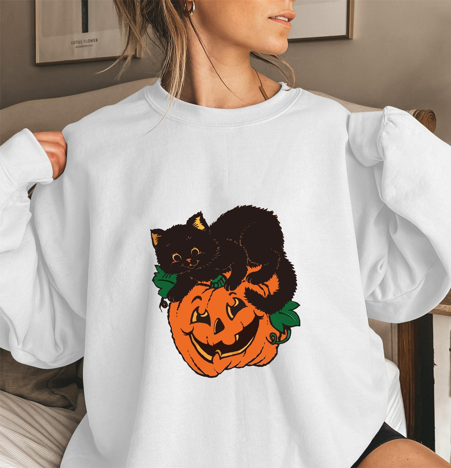 Pumpkin Cat Graphic Crewneck Sweatshirt