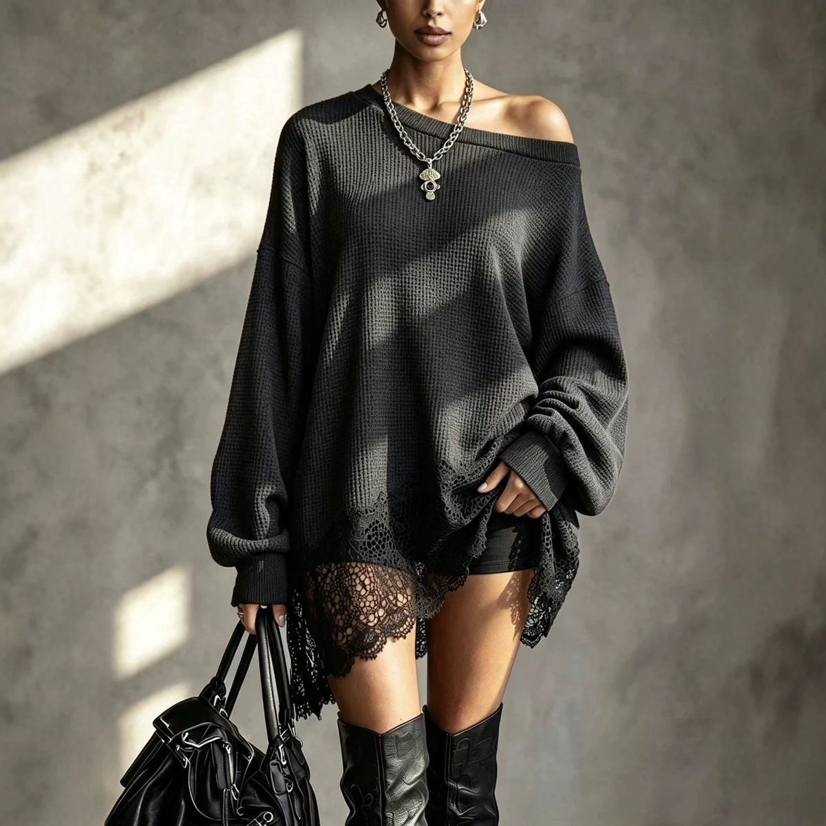 Cozy Off-Shoulder Lace Hem Sweater