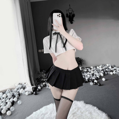 Sexy transparent student white shirt tie bow uniform