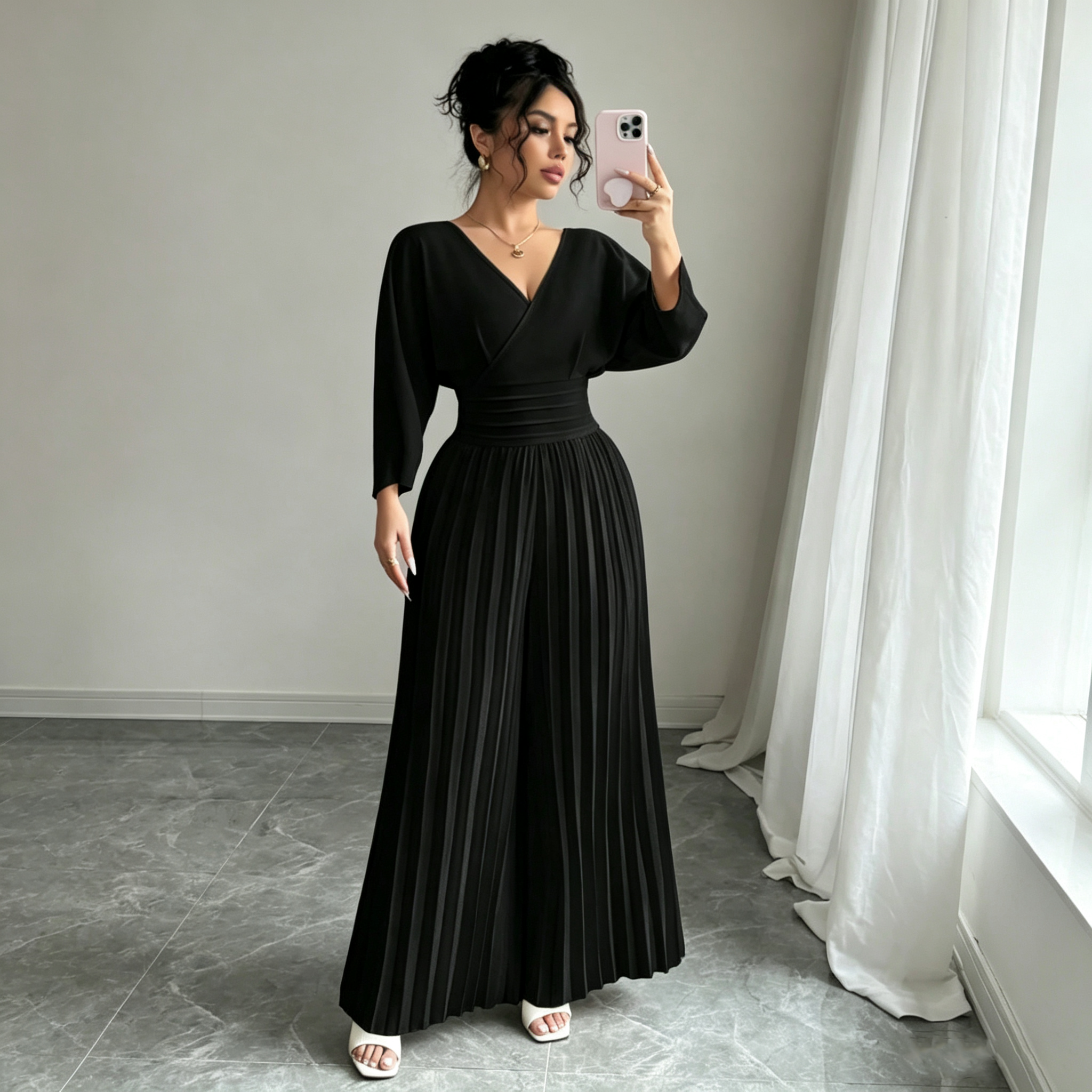 Elegant V-Neck Pleated Maxi Dress