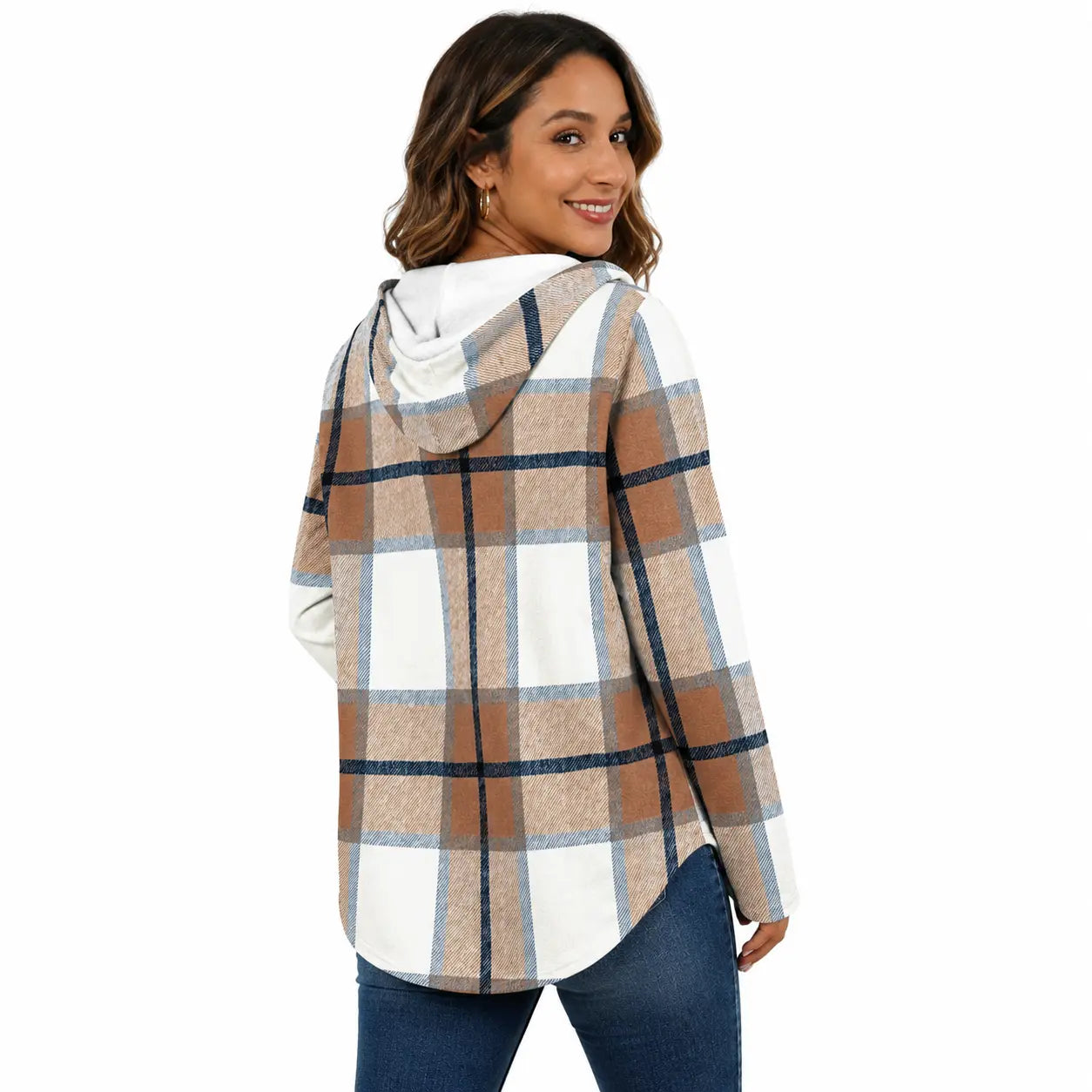 Women's Plaid V-Neck Long Sleeve Oversized Tunic Hoodie Sweatshirt