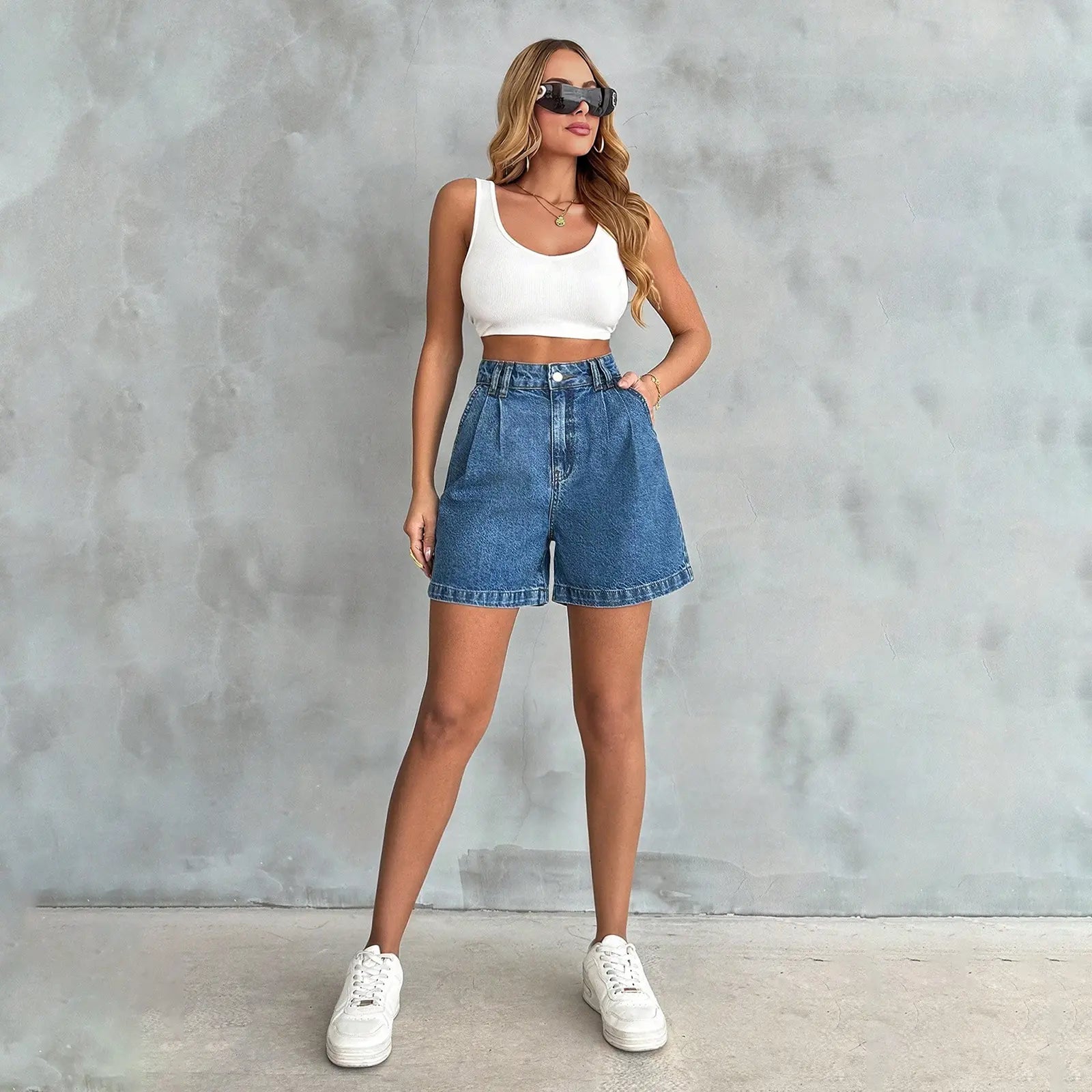 Women's High Waisted A-Line Bermuda Stretchy Denim Shorts with Belt Loops
