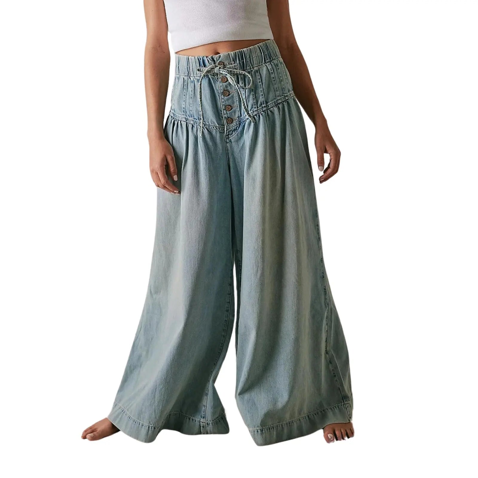 Women's Mid-Rise Baggy Flared Denim Pants with Pleated Ruffles and Elastic Drawstring Waist