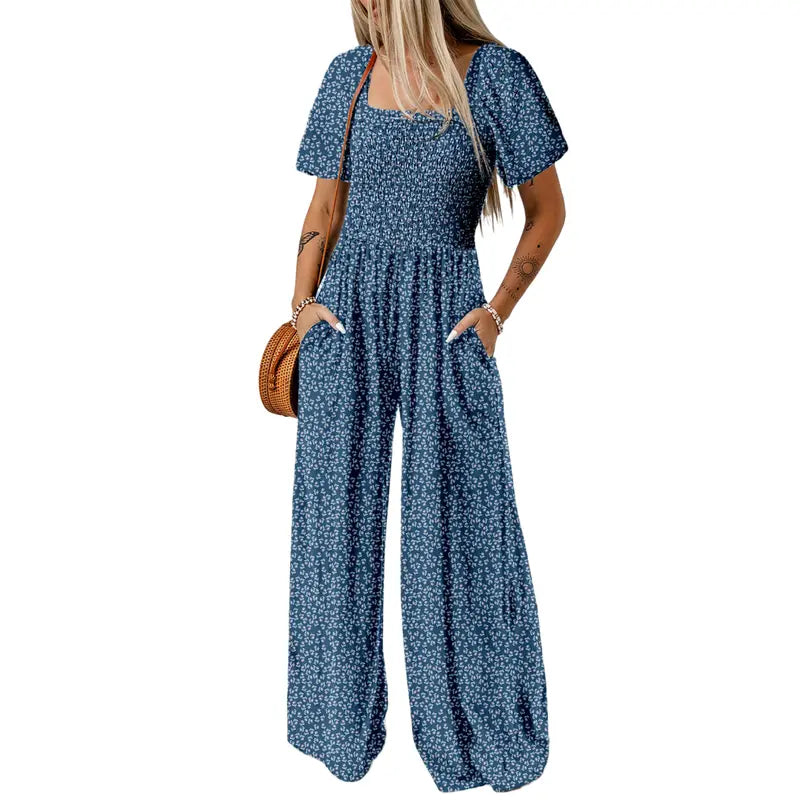 Colorful Boho Floral Short Sleeve Wide-Leg Jumpsuit