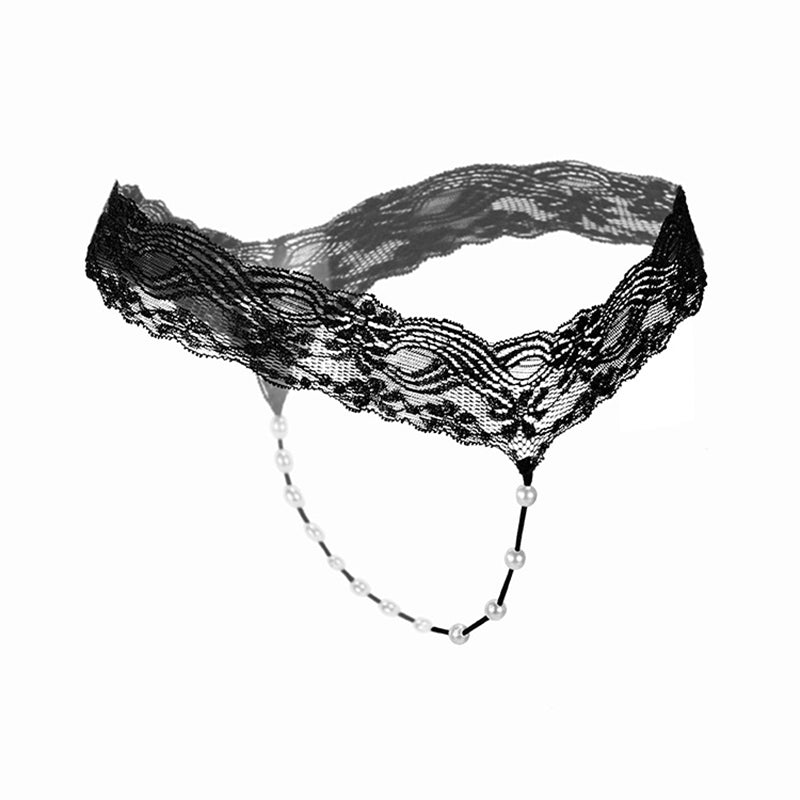 Pure color sexy lace T pearl massage panties