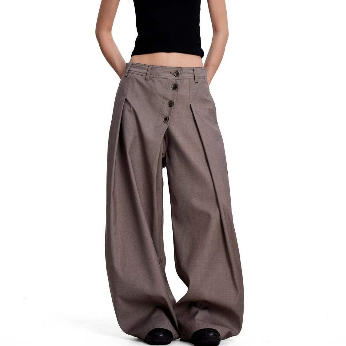 Rowan High-Waisted Button-Detail Wide-Leg Trousers
