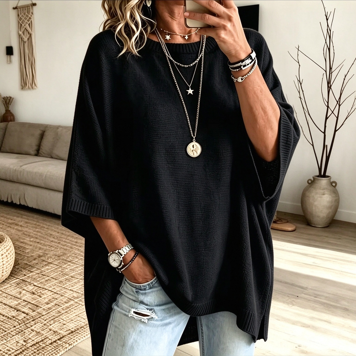 Women’s Oversized Short-Sleeve Knit Sweater