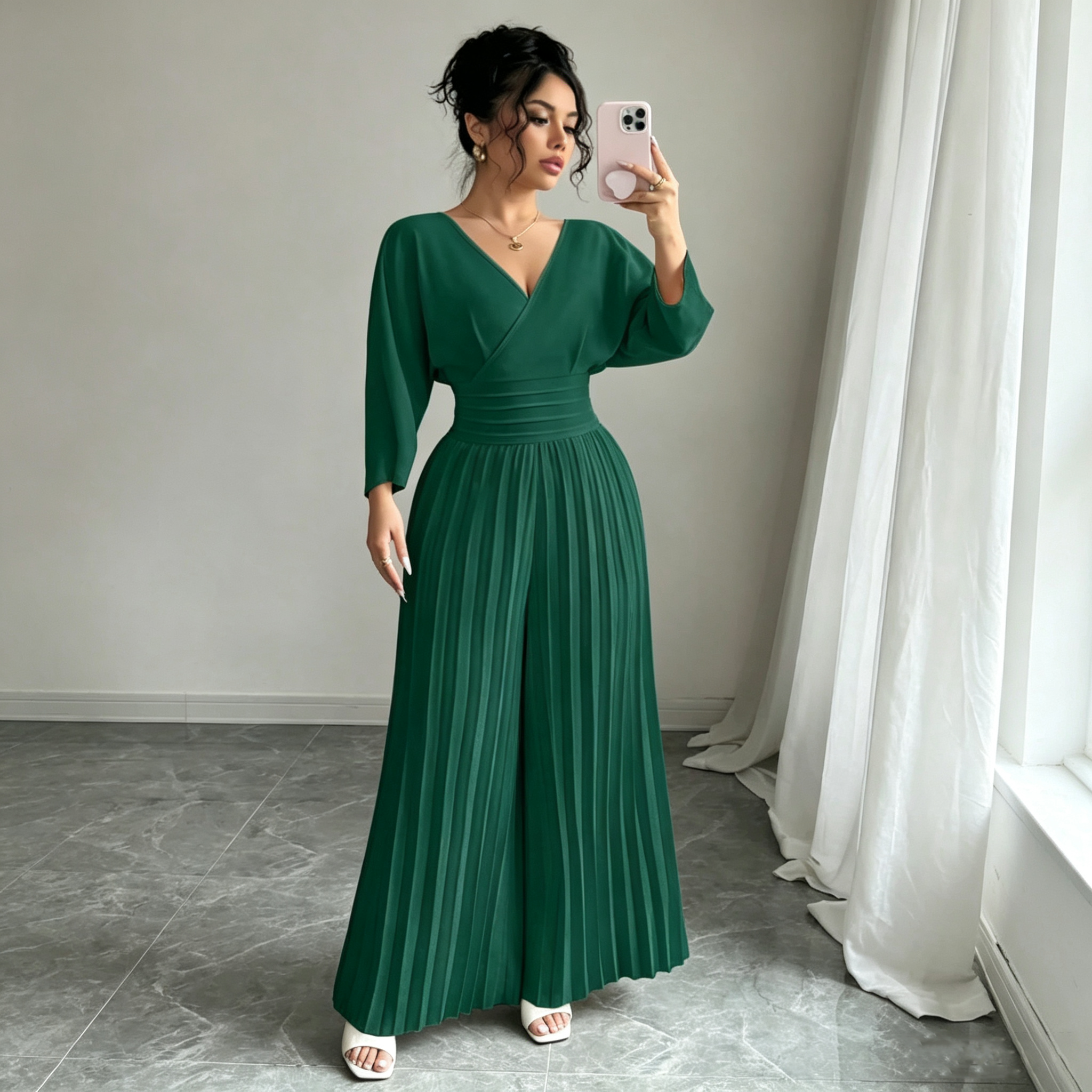 Elegant V-Neck Pleated Maxi Dress