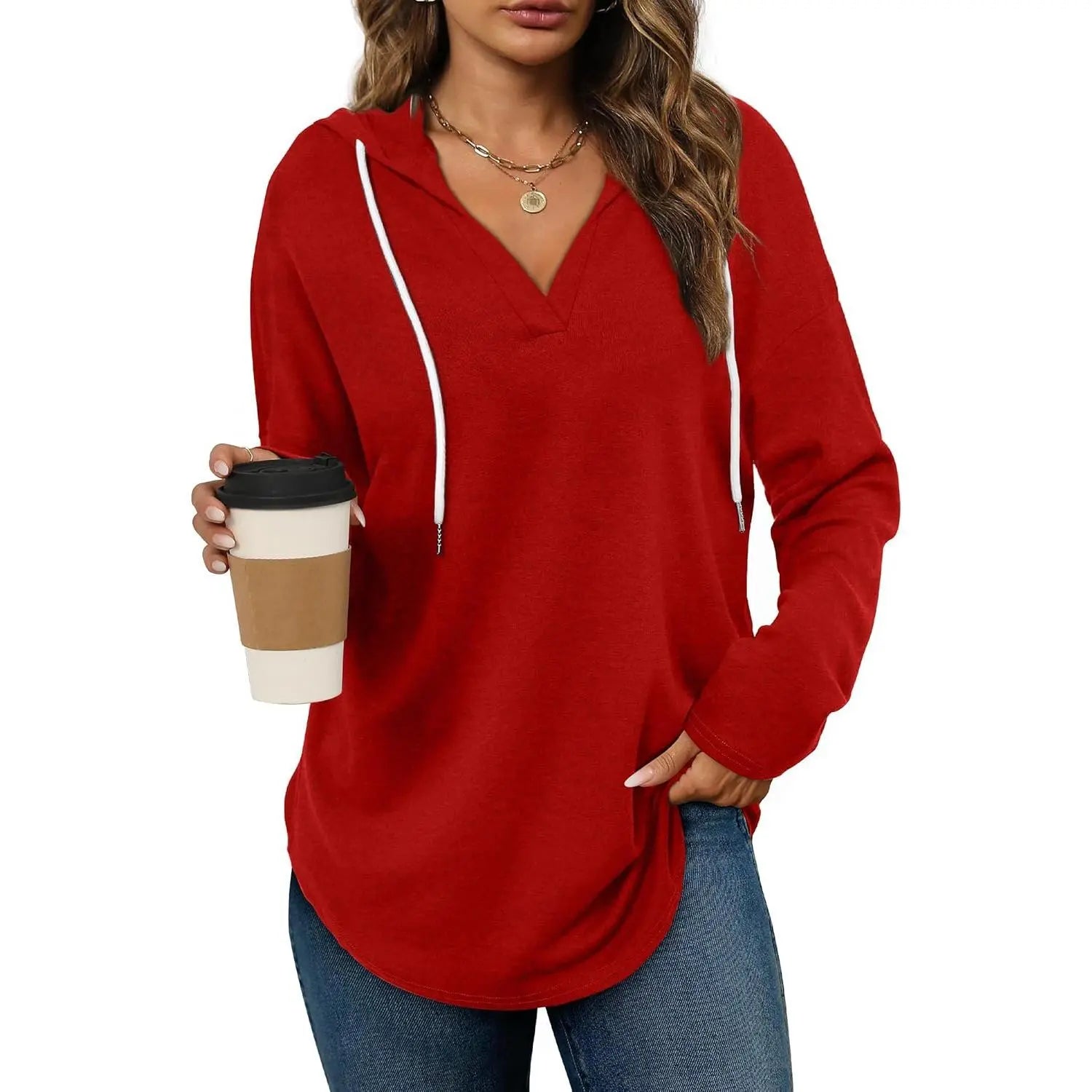 Women's Plaid V-Neck Long Sleeve Oversized Tunic Hoodie Sweatshirt