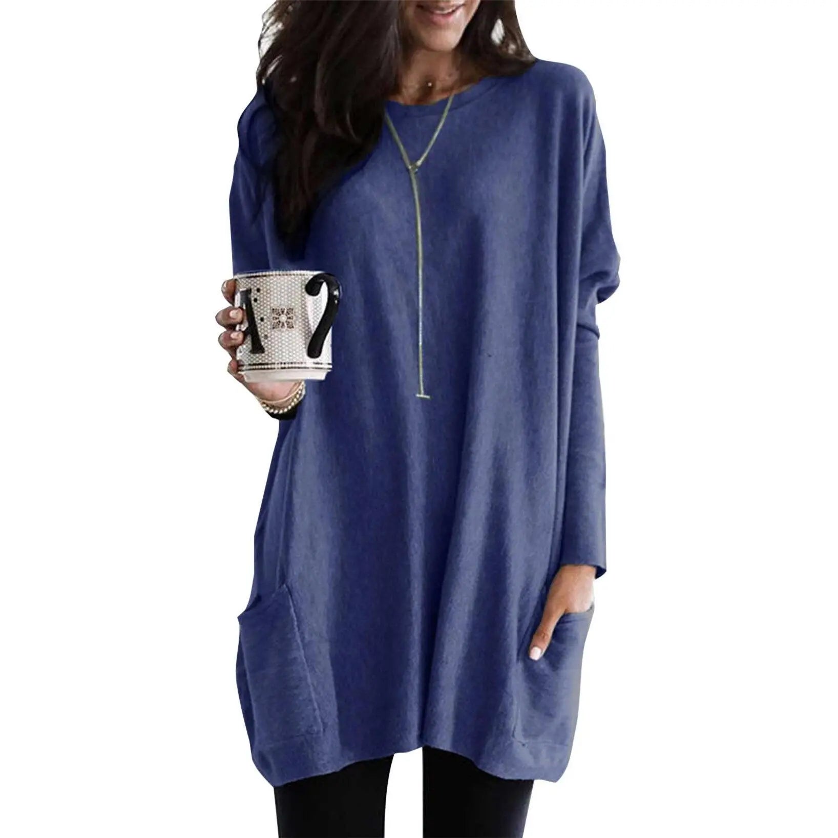 Women's Long Sleeve Scoop Neck Lightweight Tunic Top with Pockets