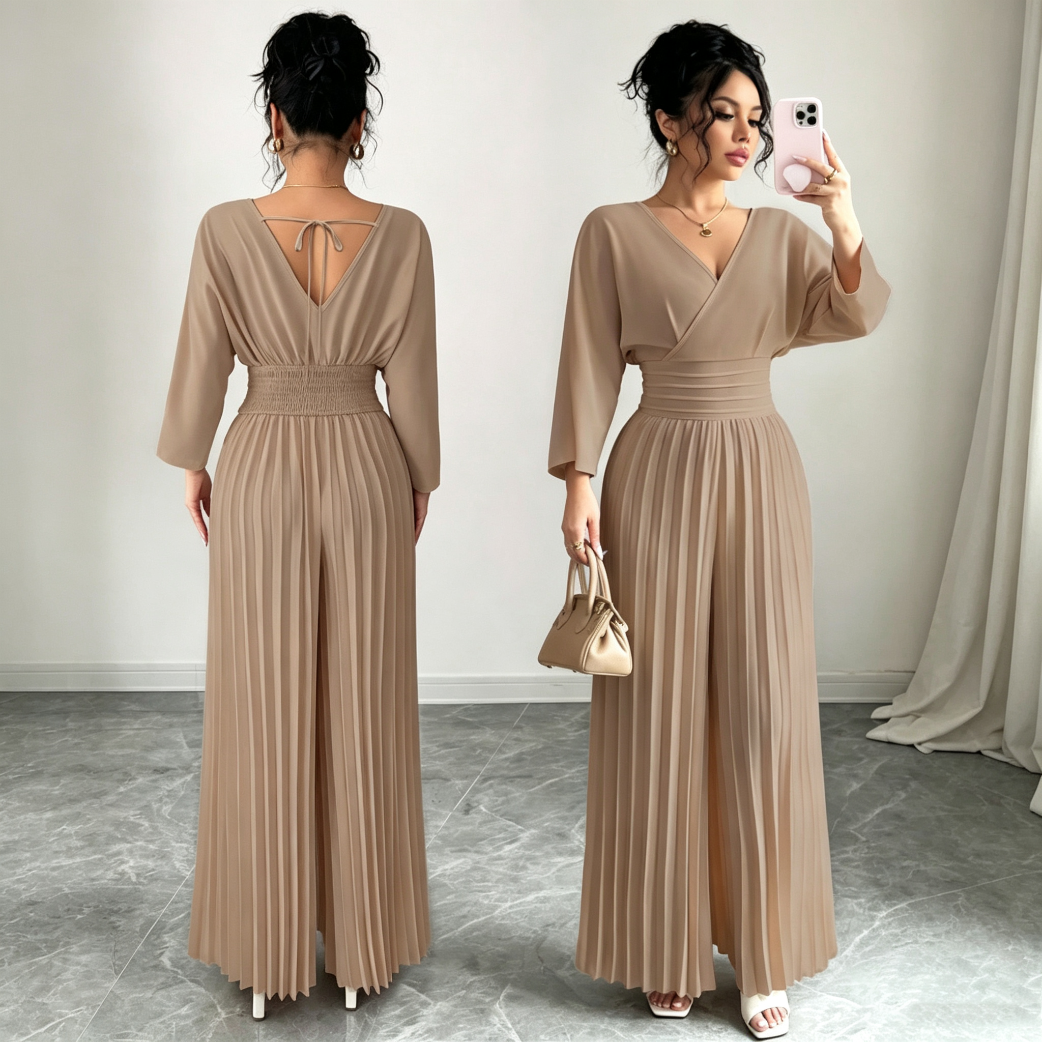Elegant V-Neck Pleated Maxi Dress