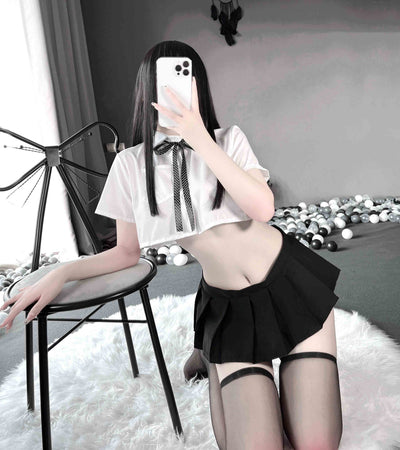 Sexy transparent student white shirt tie bow uniform