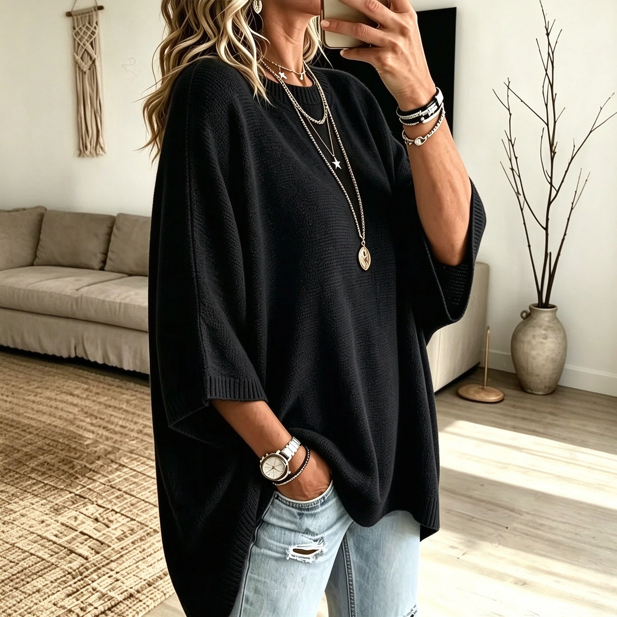 Women’s Oversized Short-Sleeve Knit Sweater