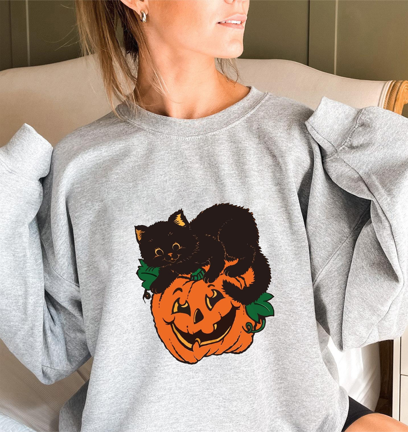 Pumpkin Cat Graphic Crewneck Sweatshirt