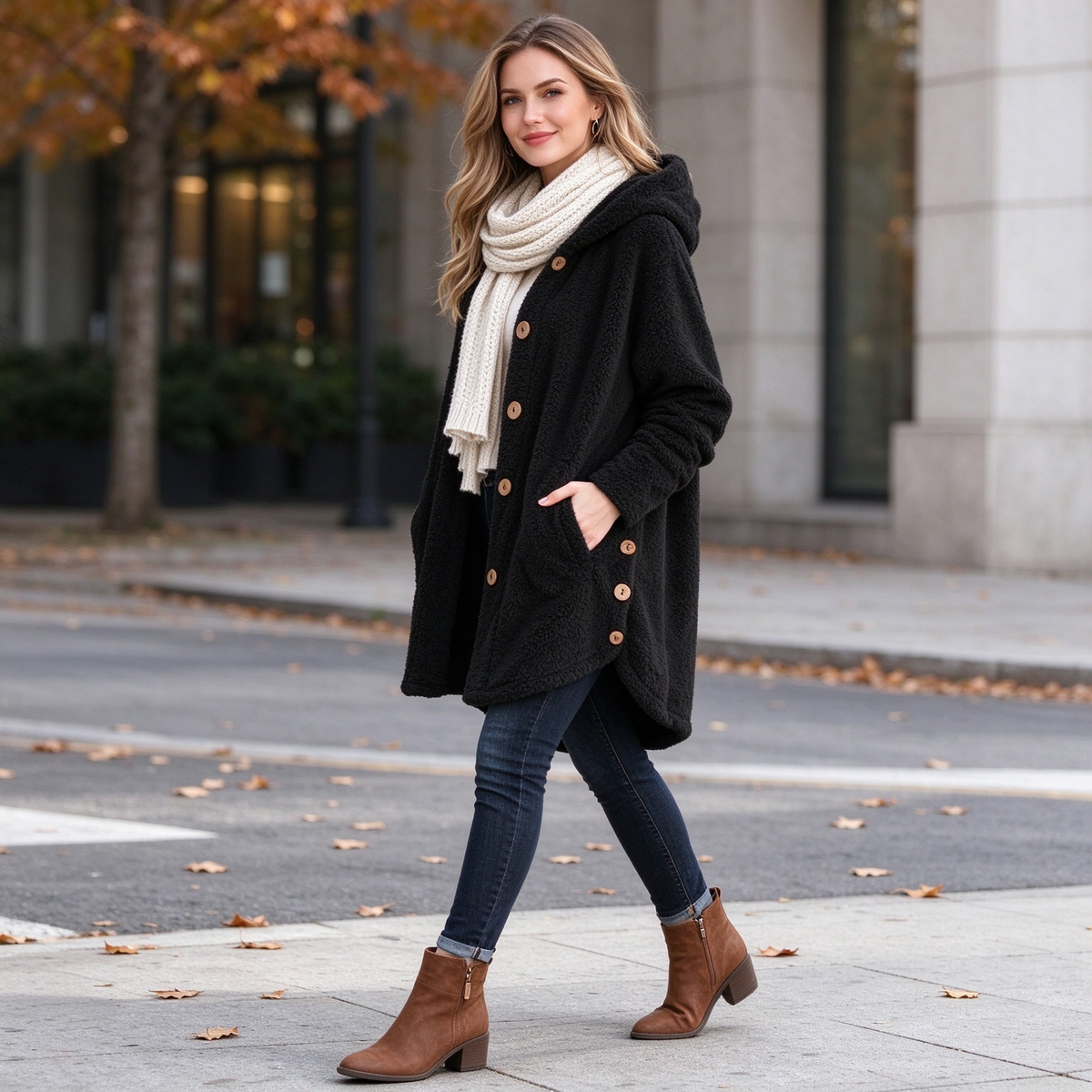 Marlow Hooded Button-Front Fleece Coat