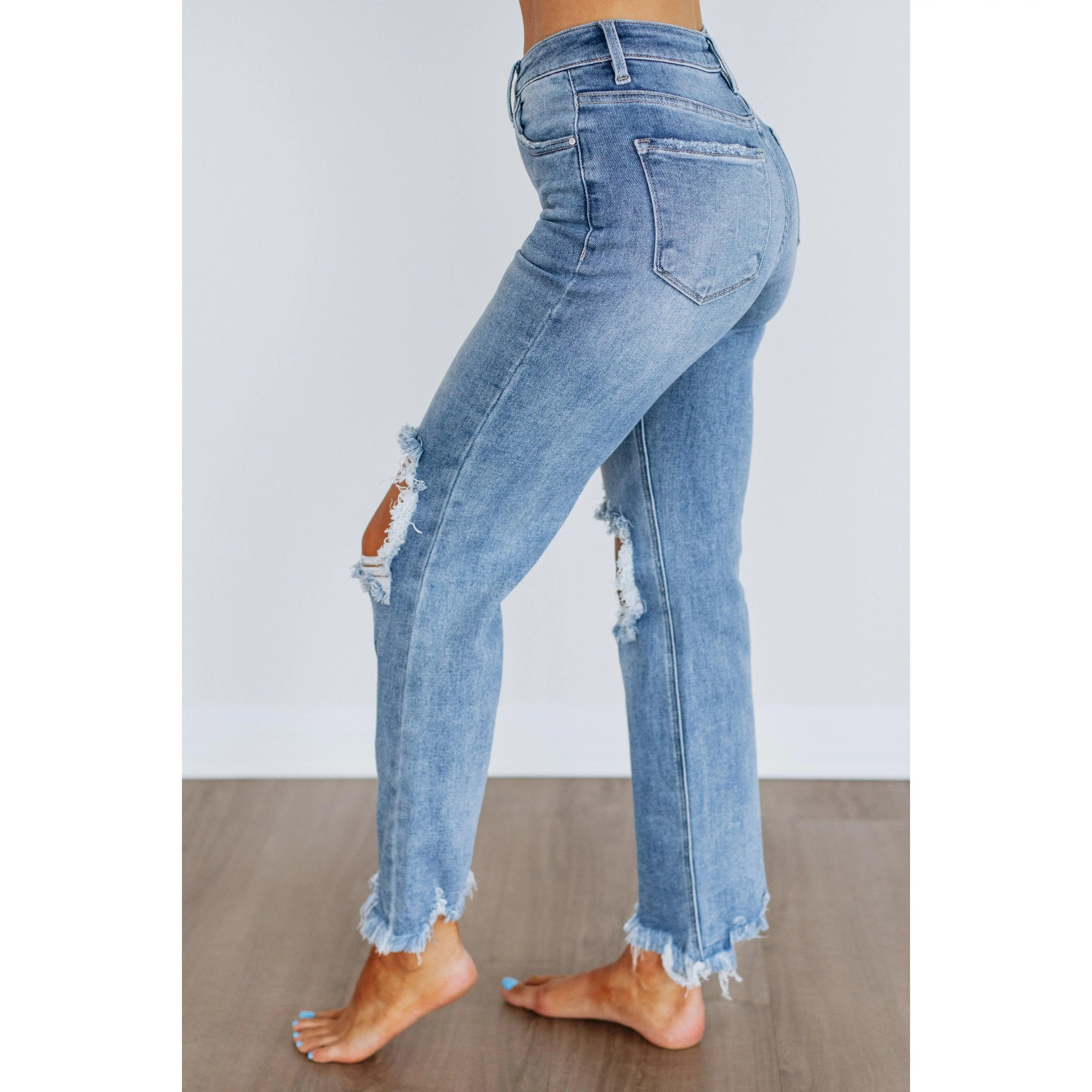 Women's High-Rise Distressed Straight-Leg Denim Jeans