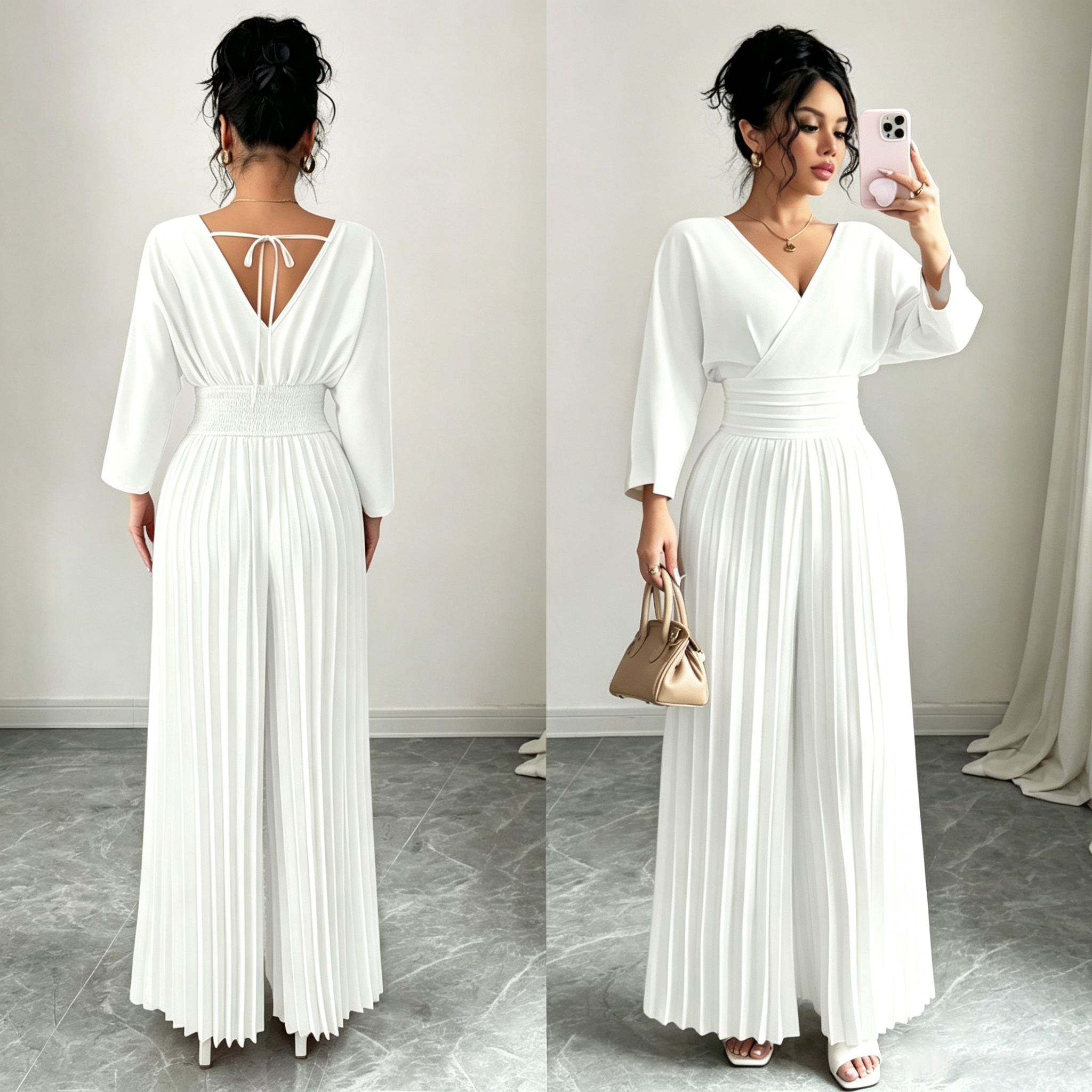 Elegant V-Neck Pleated Maxi Dress