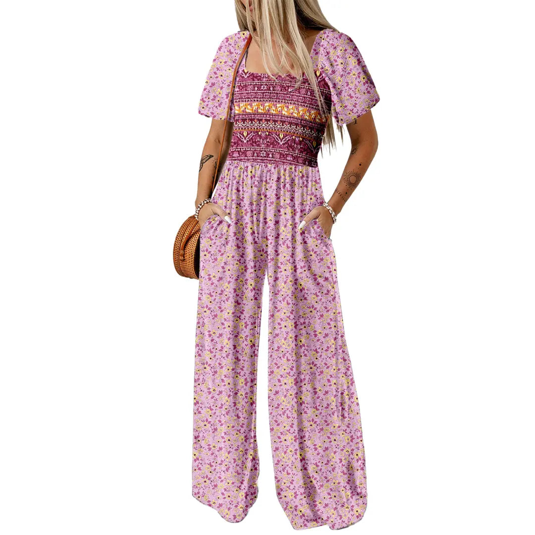 Colorful Boho Floral Short Sleeve Wide-Leg Jumpsuit