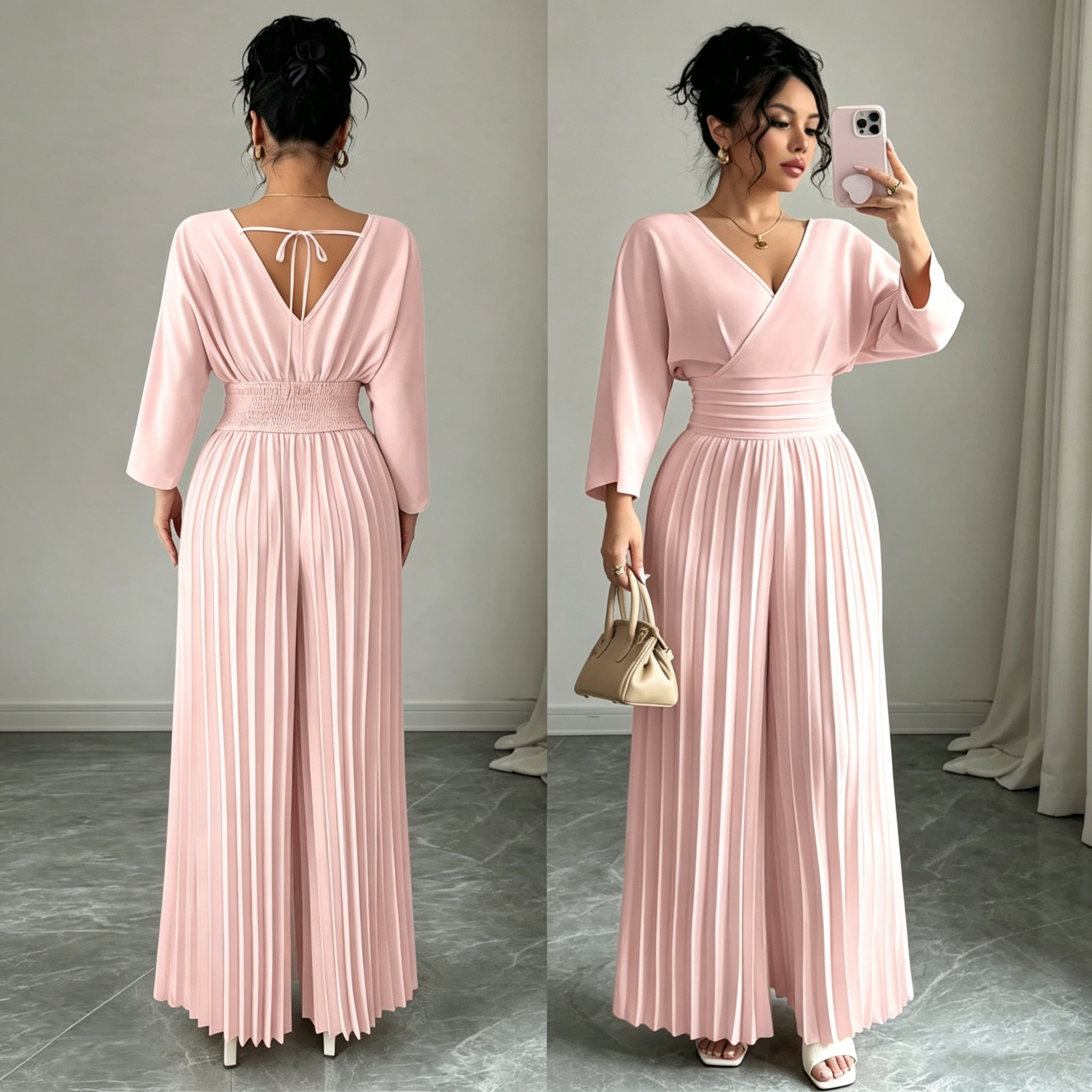 Elegant V-Neck Pleated Maxi Dress