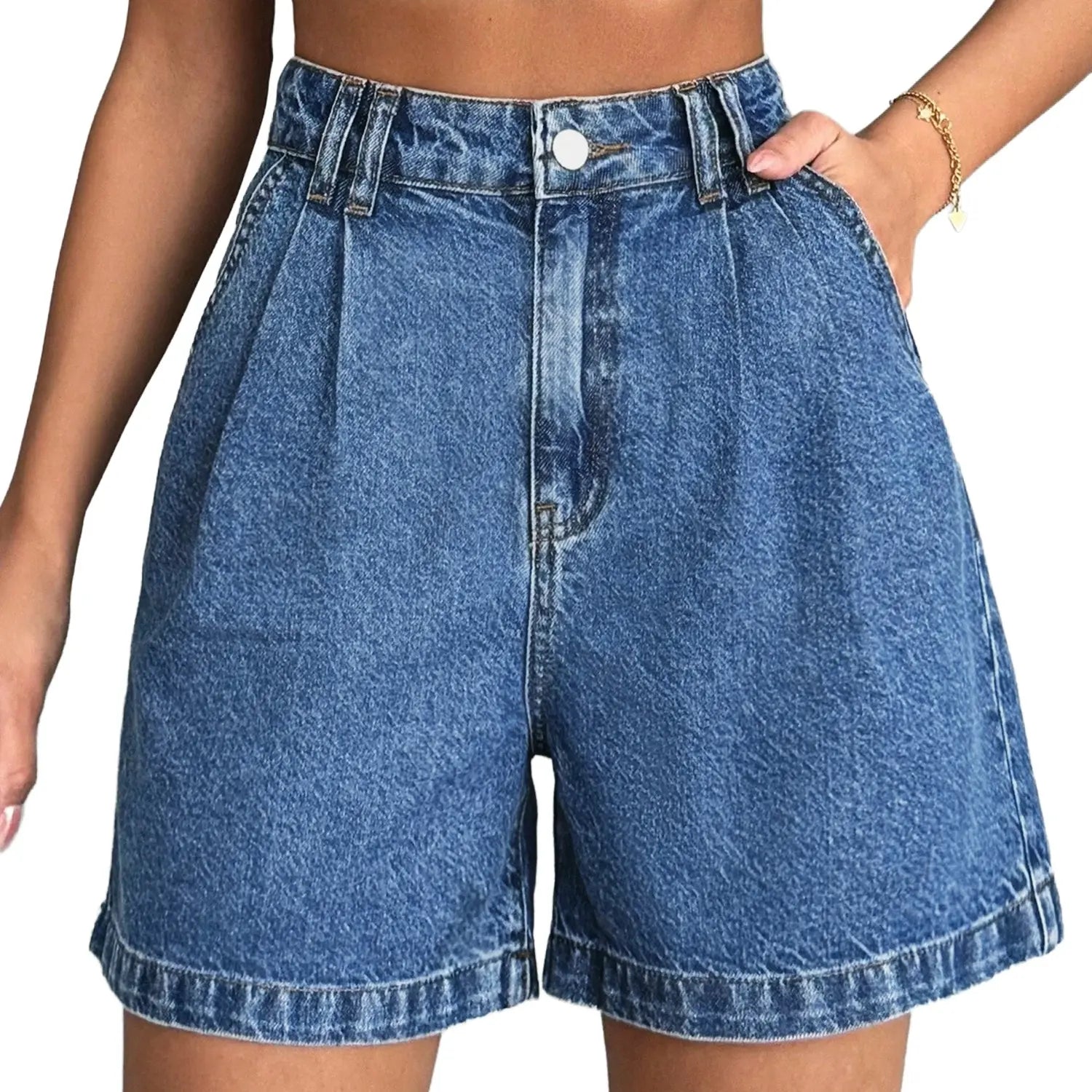 Women's High Waisted A-Line Bermuda Stretchy Denim Shorts with Belt Loops