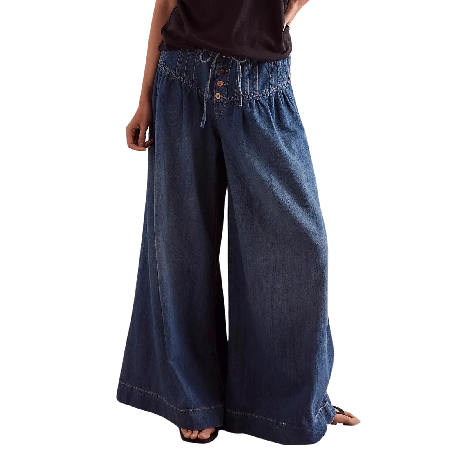 Women's Mid-Rise Baggy Flared Denim Pants with Pleated Ruffles and Elastic Drawstring Waist