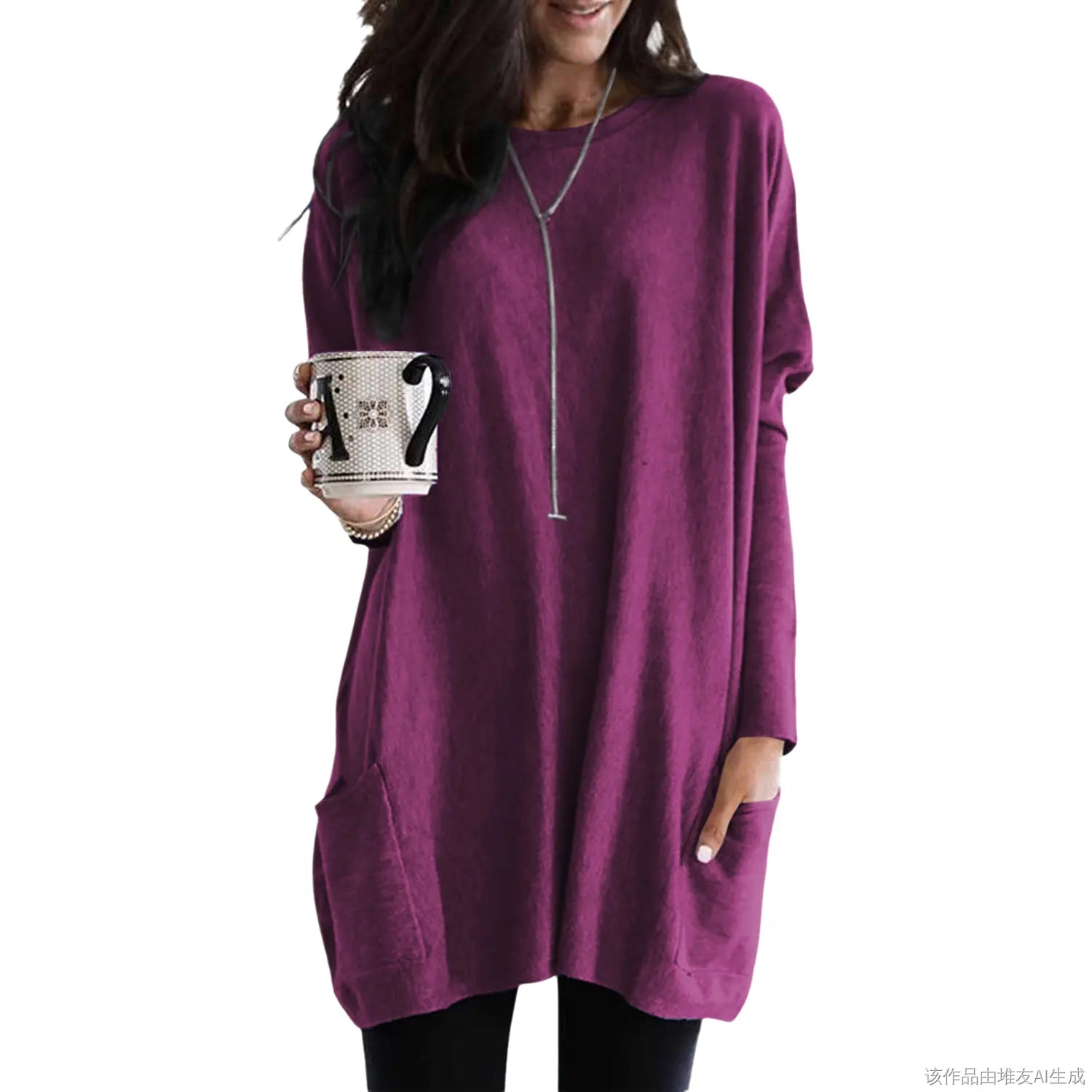 Women's Long Sleeve Scoop Neck Lightweight Tunic Top with Pockets