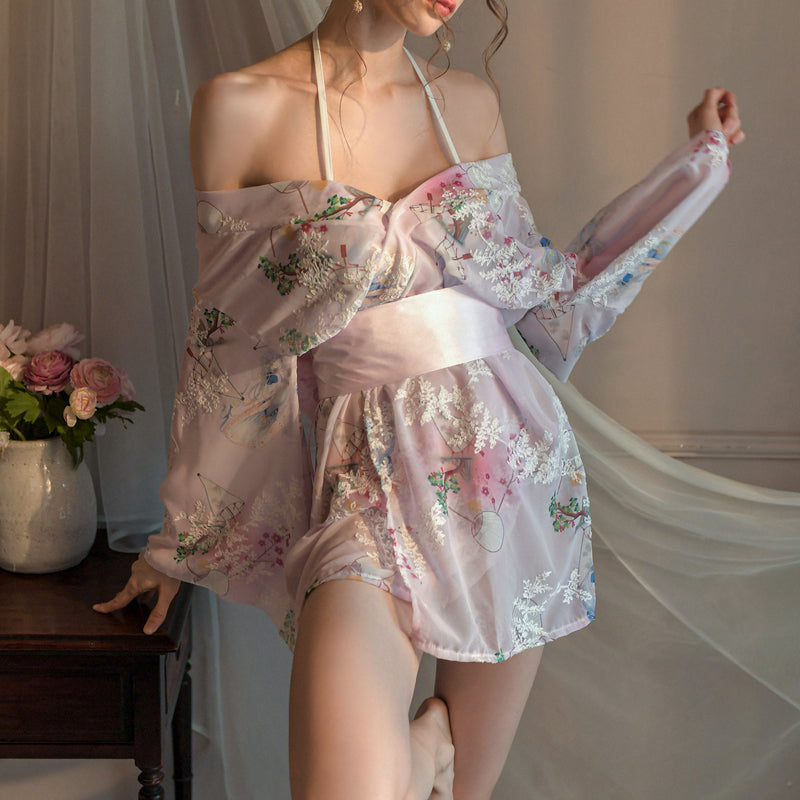 Sexy Cardigan Embroidered Pajamas
