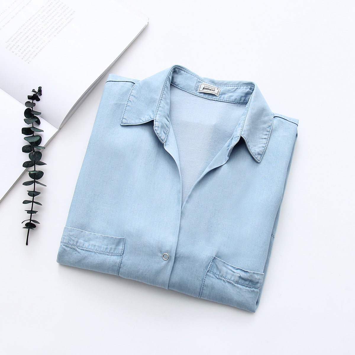 Women's Lapel Three-Quarter Sleeve Loose Fit Mid-Length Tencel Denim Shirt