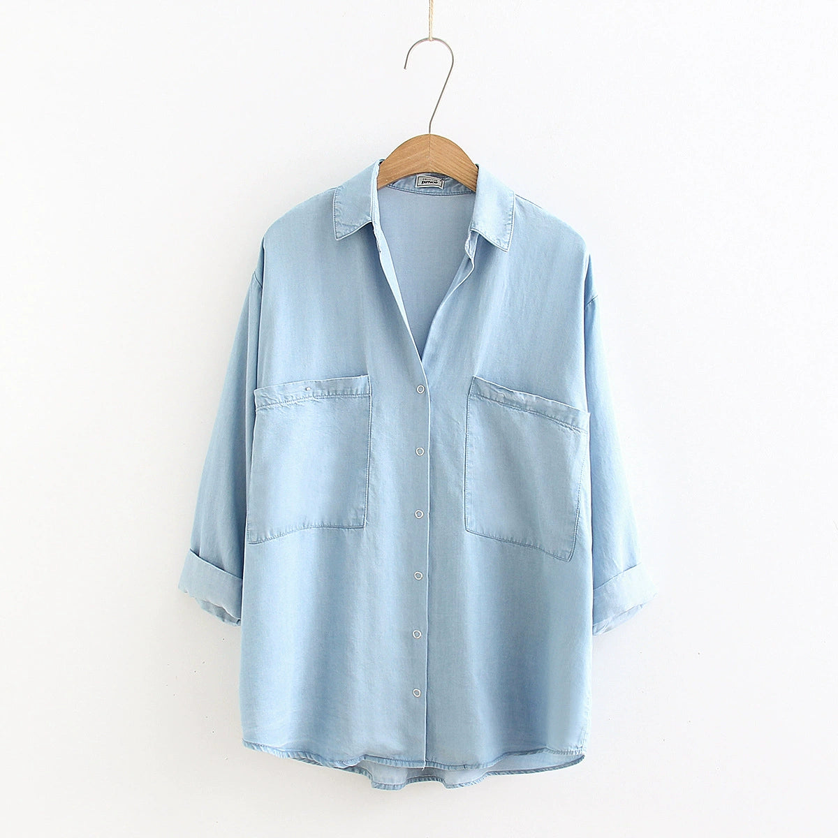 Women's Lapel Three-Quarter Sleeve Loose Fit Mid-Length Tencel Denim Shirt