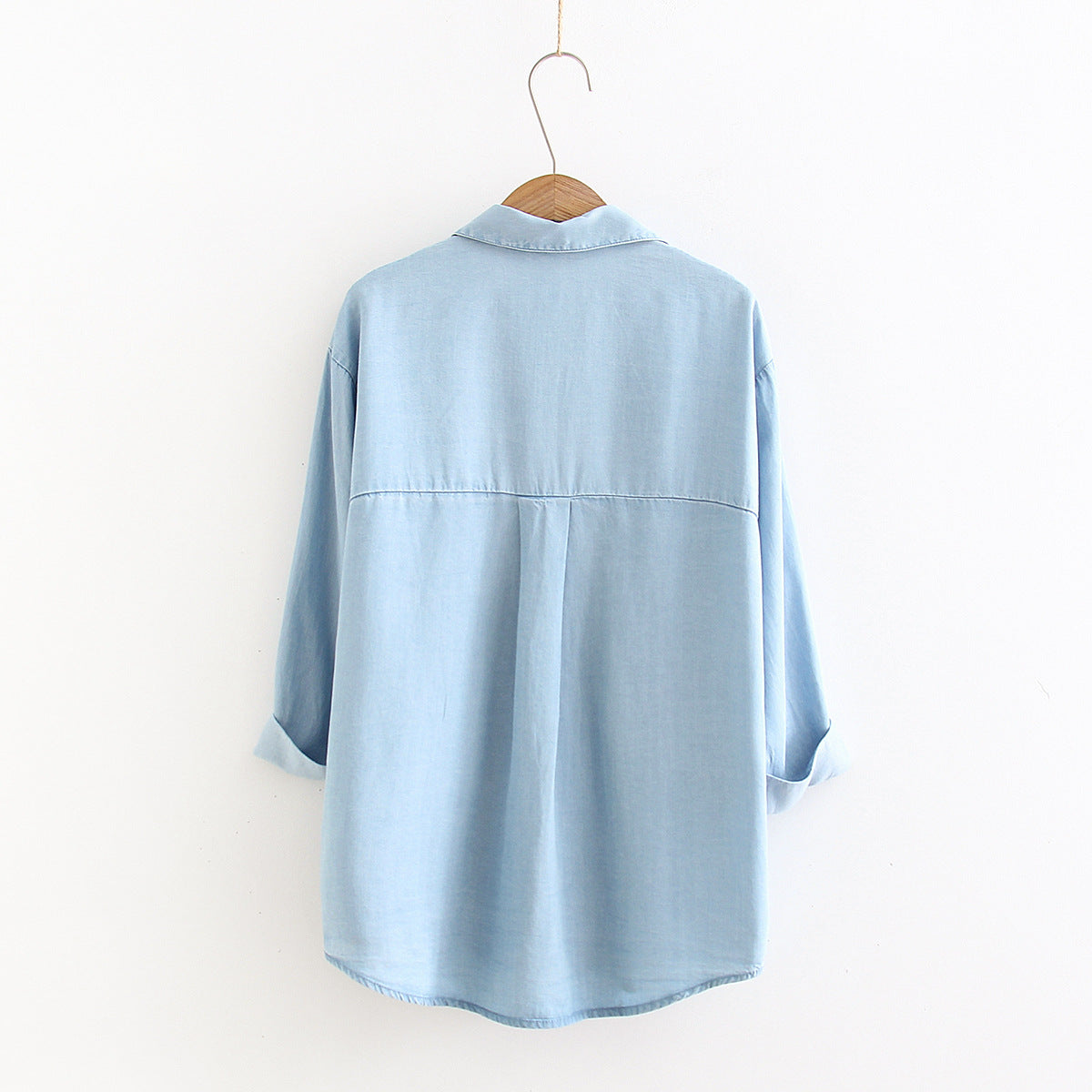 Women's Lapel Three-Quarter Sleeve Loose Fit Mid-Length Tencel Denim Shirt