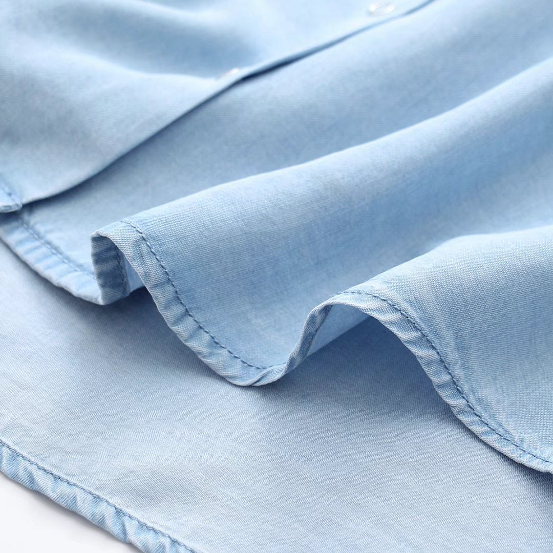 Women's Lapel Three-Quarter Sleeve Loose Fit Mid-Length Tencel Denim Shirt