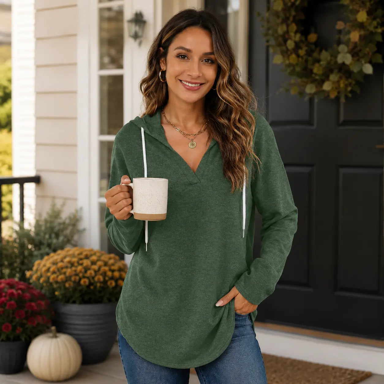 Women's Plaid V-Neck Long Sleeve Oversized Tunic Hoodie Sweatshirt