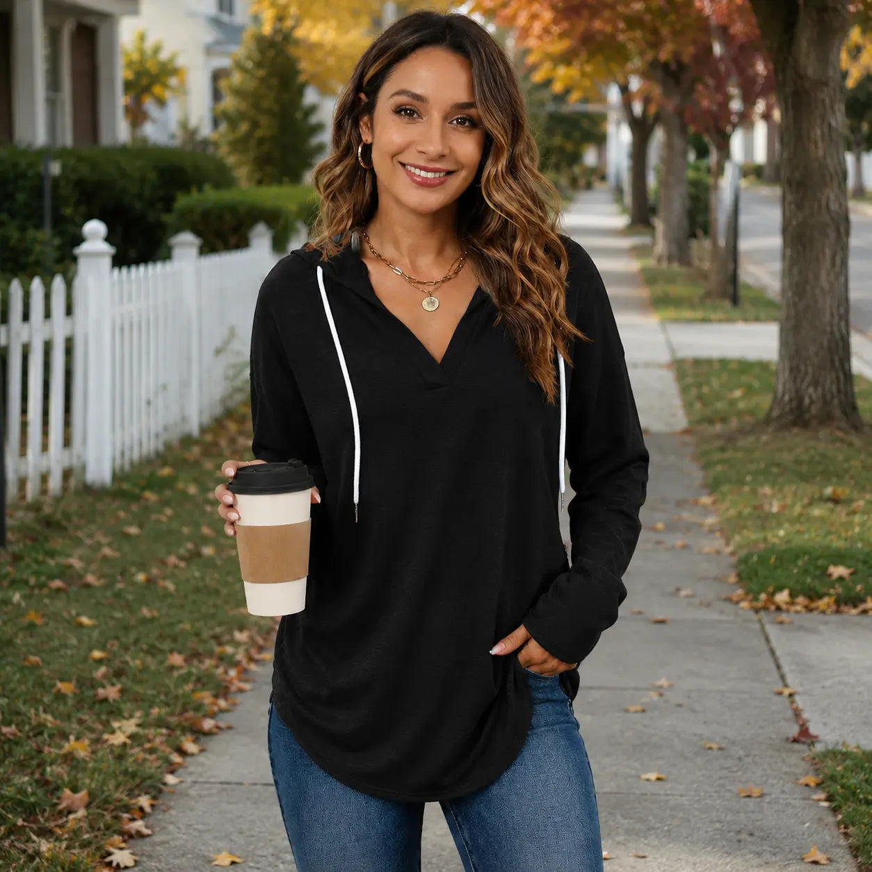 Women's Plaid V-Neck Long Sleeve Oversized Tunic Hoodie Sweatshirt
