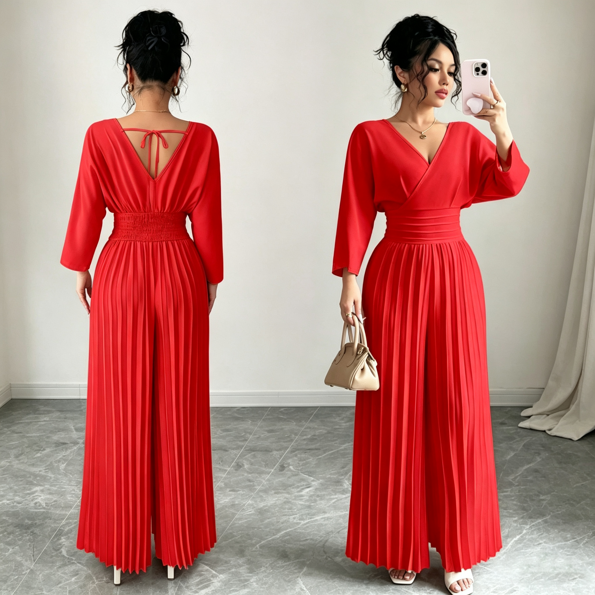 Elegant V-Neck Pleated Maxi Dress