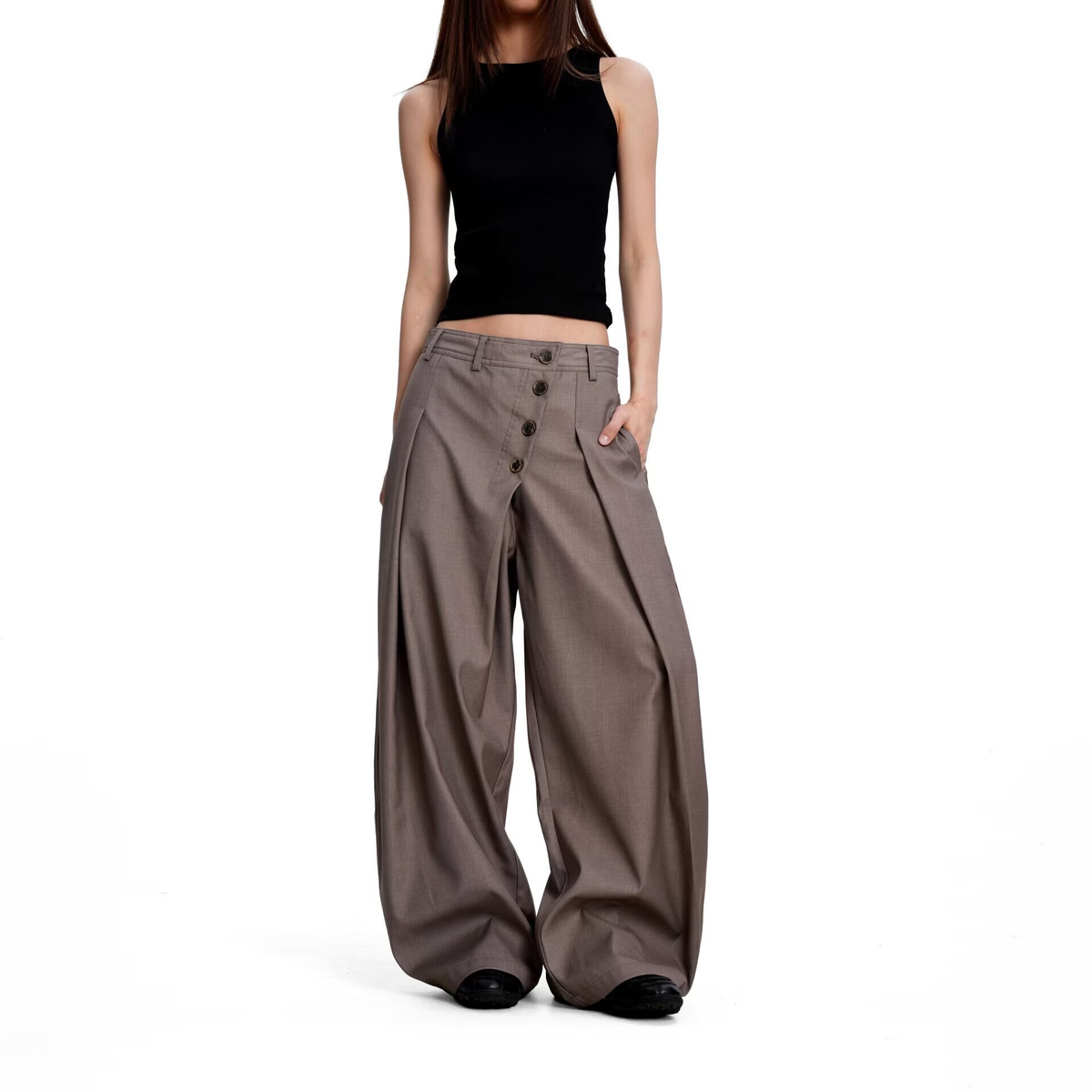 Rowan High-Waisted Button-Detail Wide-Leg Trousers