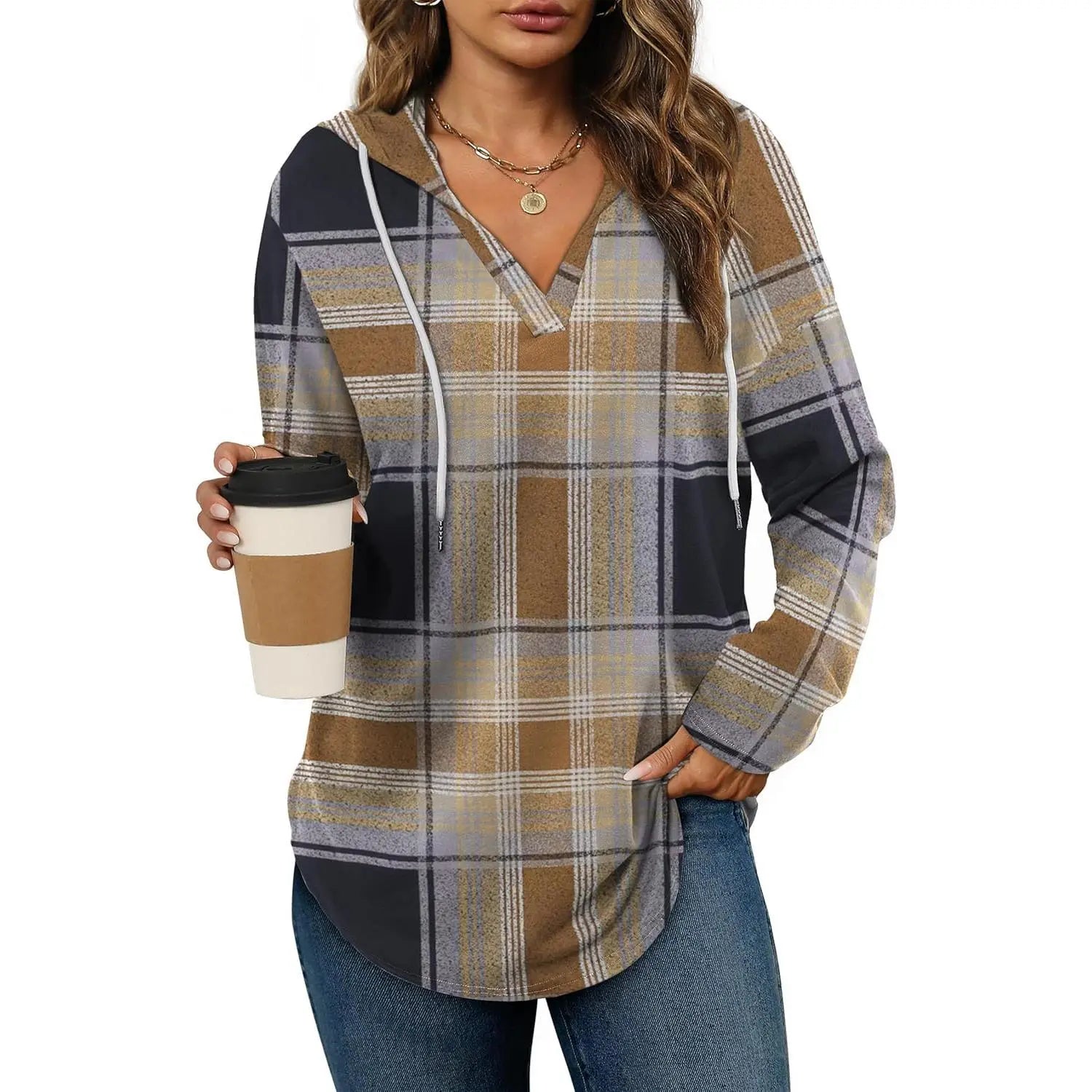 Women's Plaid V-Neck Long Sleeve Oversized Tunic Hoodie Sweatshirt