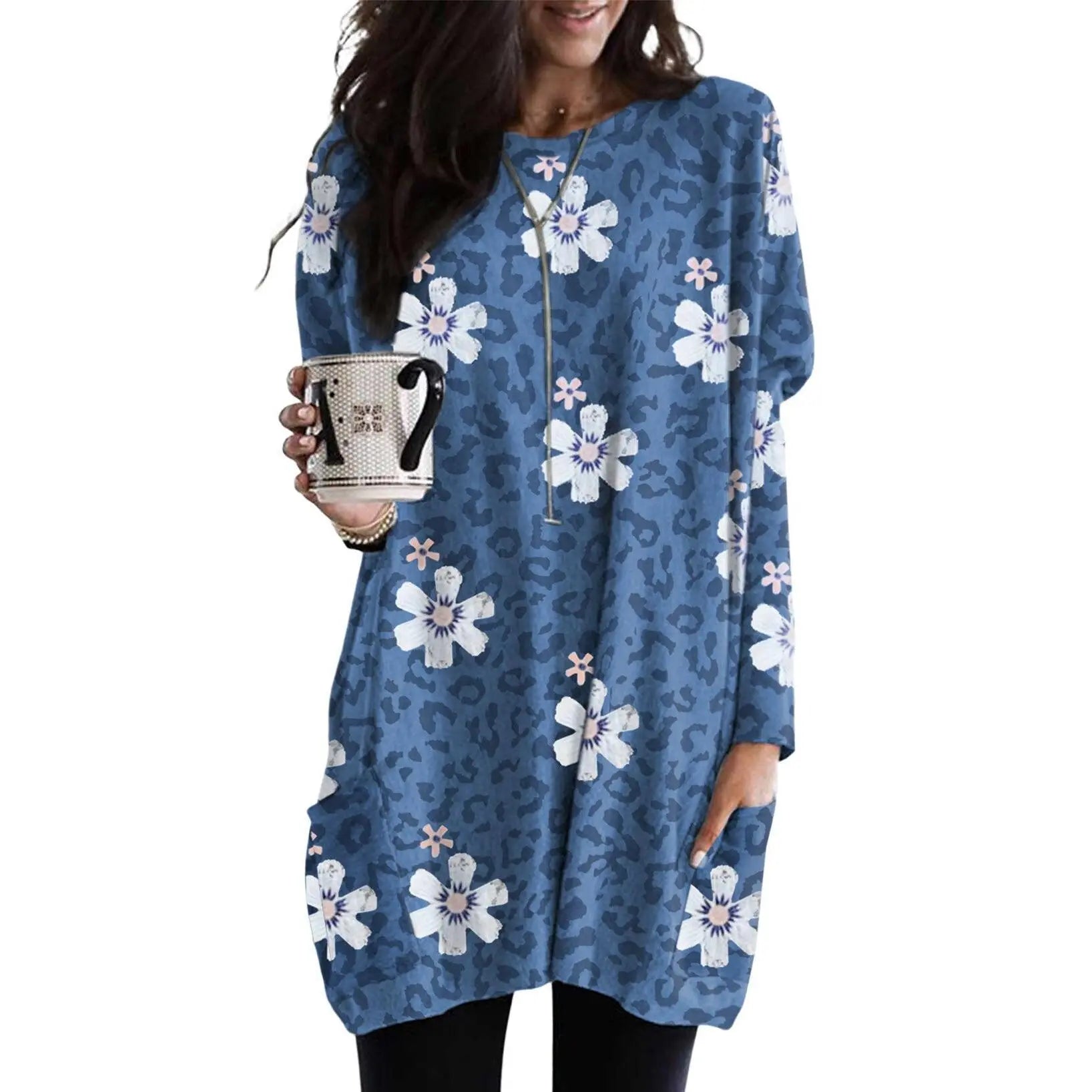 Women's Long Sleeve Scoop Neck Lightweight Tunic Top with Pockets