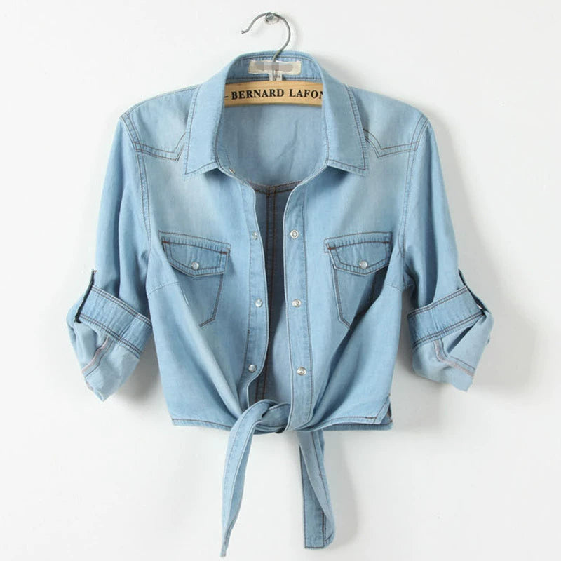 Women's V-Neck Three-Quarter Sleeve Slim Fit Solid Color Denim Tie-Front Shirt