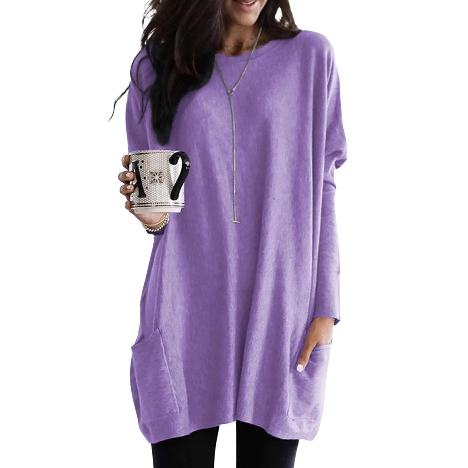 Women's Long Sleeve Scoop Neck Lightweight Tunic Top with Pockets