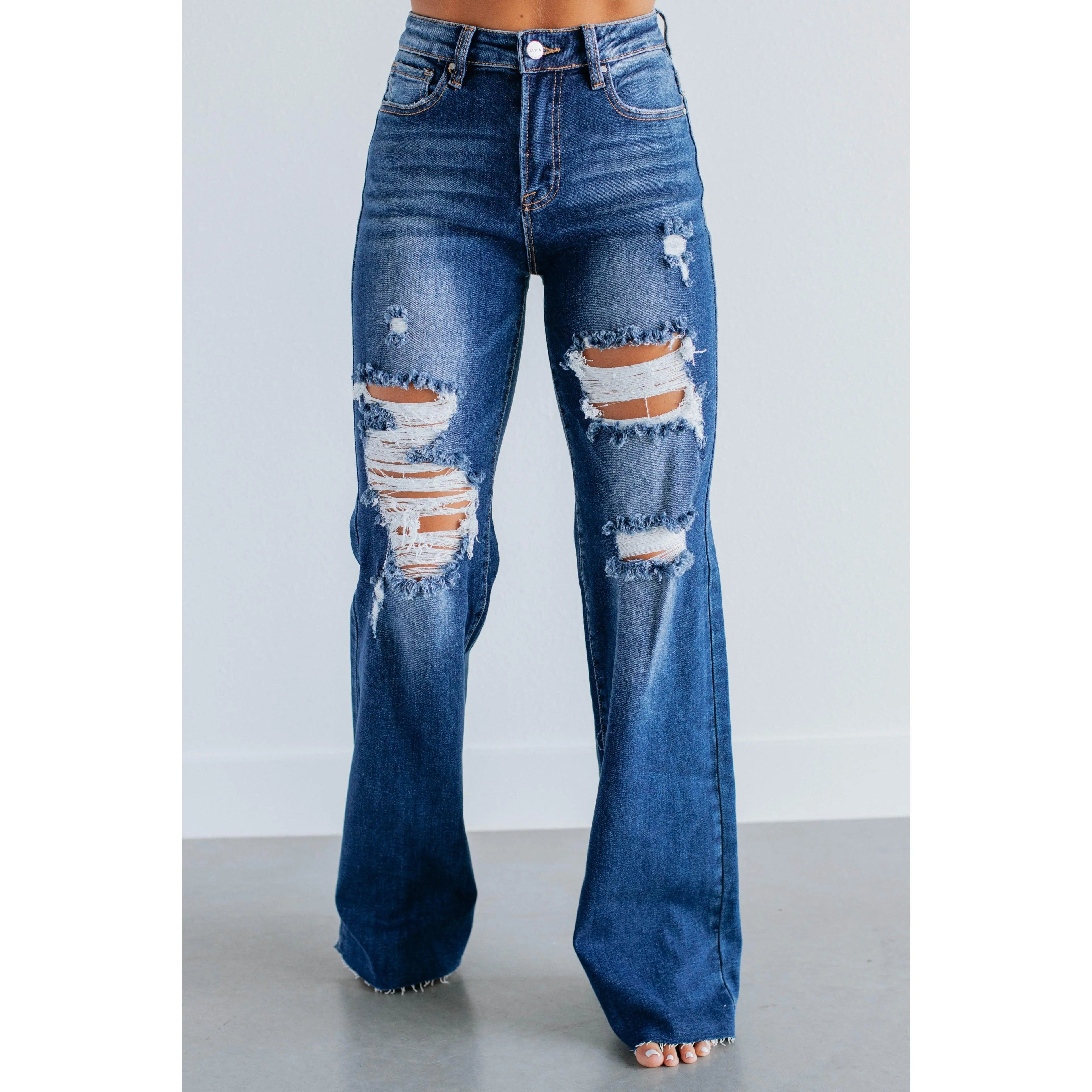 Women's High-Rise Distressed Wide-Leg Denim Jeans