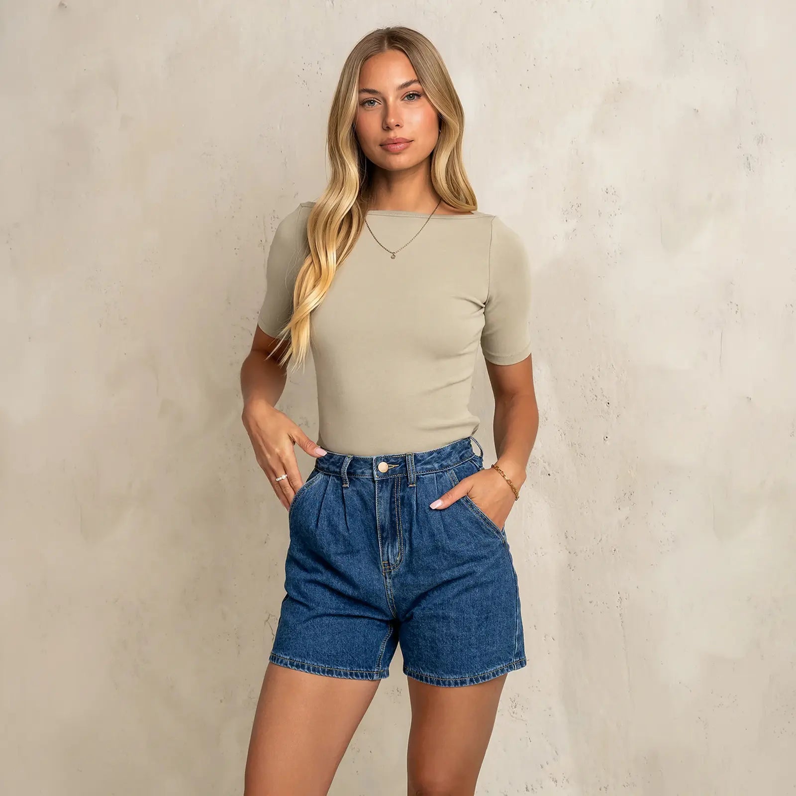 Women's High Waisted A-Line Bermuda Stretchy Denim Shorts with Belt Loops