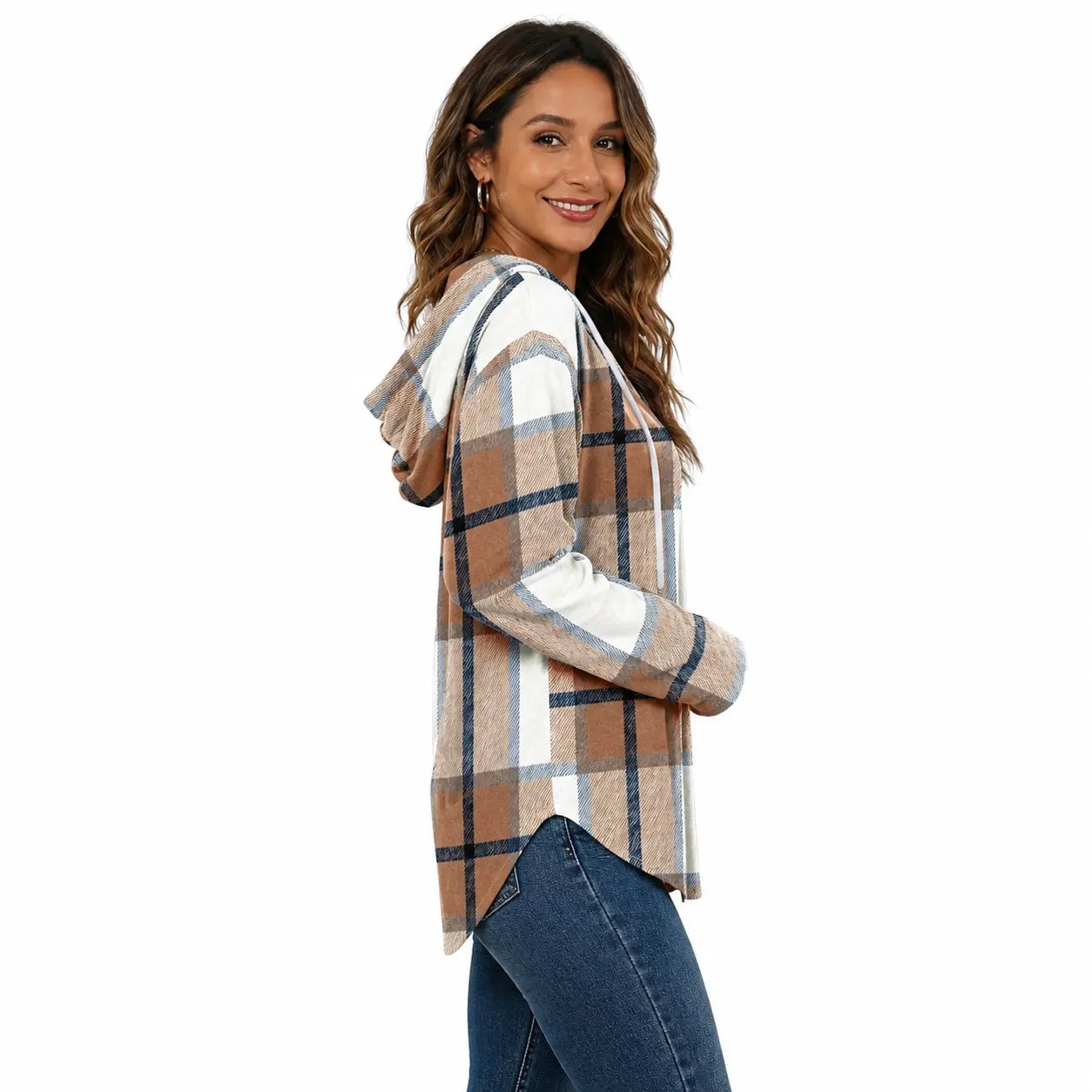 Women's Plaid V-Neck Long Sleeve Oversized Tunic Hoodie Sweatshirt