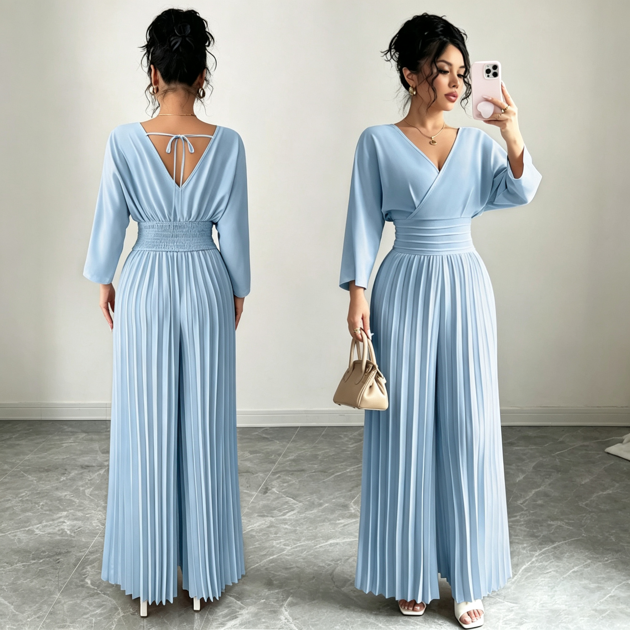 Elegant V-Neck Pleated Maxi Dress